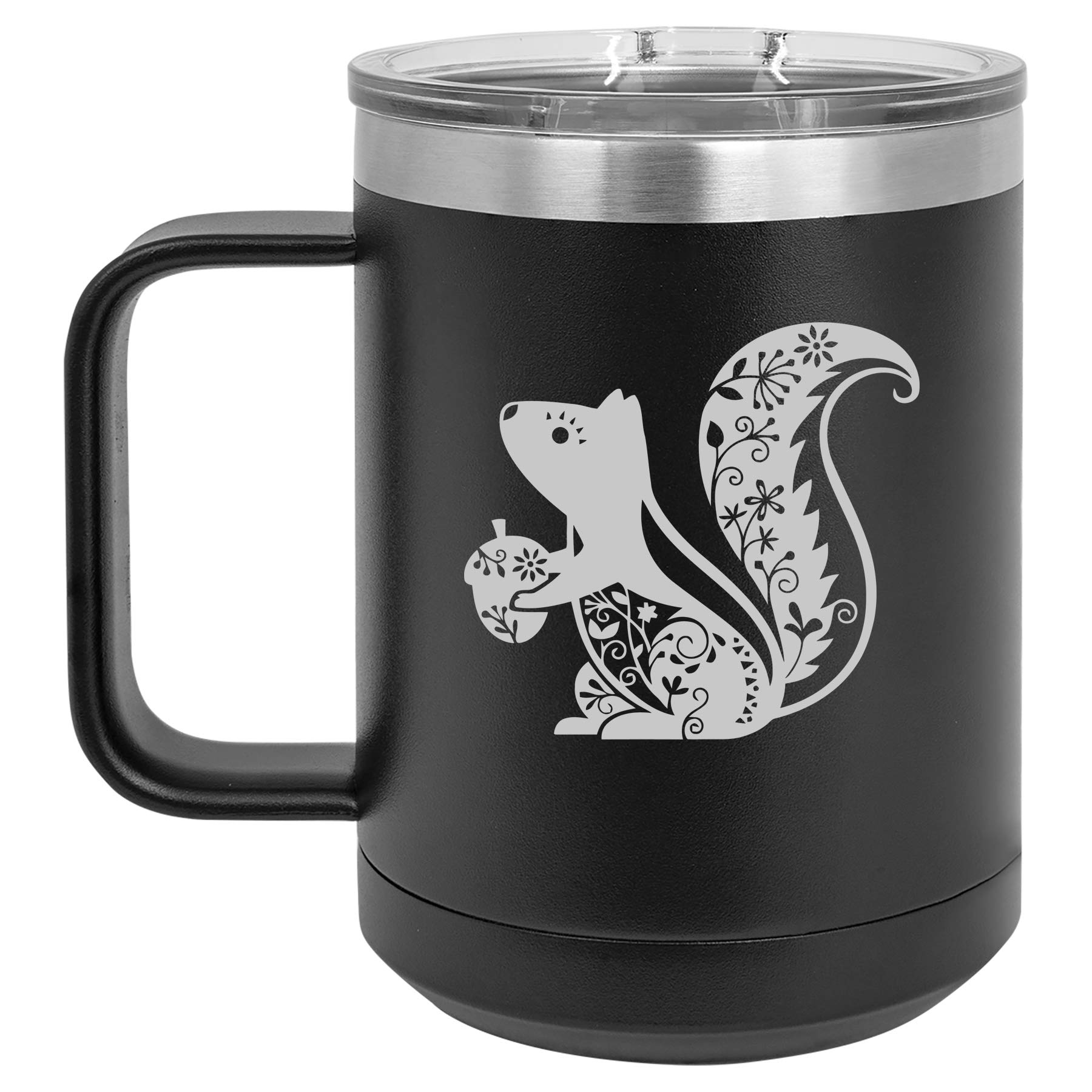 15 oz Vacuum Insulated Stainless Steel Tumbler with Handle & Lid - Leakproof Travel Coffee Mug for Hot & Cold Drinks, Cute Squirrel Design (Black) - Perfect for Commuting, Camping, Office & Outdoor Activities