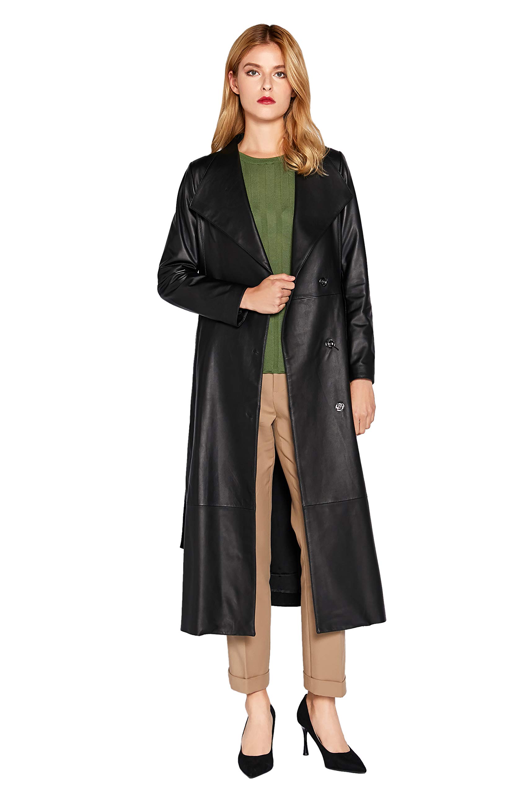 Women's Genuine Black Lambskin Leather Trench Coat - Long Belted Jacket for Business & Formal Occasions | SmartUniverseWear