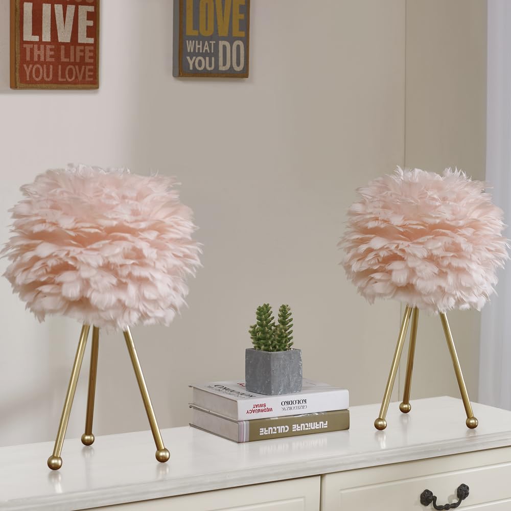 Maxax 2-Pack Gold Tripod Table Lamps with Feather Shade - Modern Nightstand Lighting for Bedroom, Living Room, Dining Room & Kitchen Decor - Soft Pink Accent Lamps for Cozy Ambience & Romantic Settings