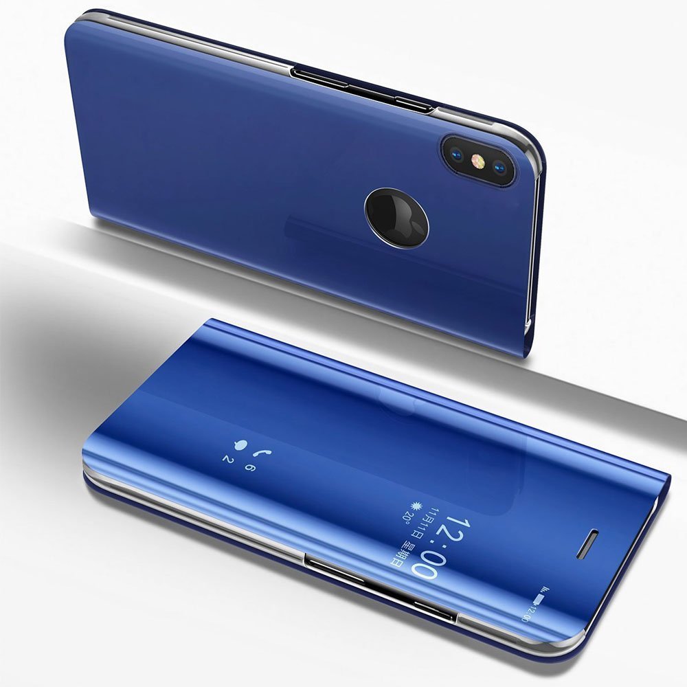 LEECOCO iPhone X/Xs Slim Luxury Clear Mirror Electroplated Case with Kickstand - Full Body Protective Flip Cover in Blue PU Leather | Perfect for Makeup, Selfies & Everyday Use