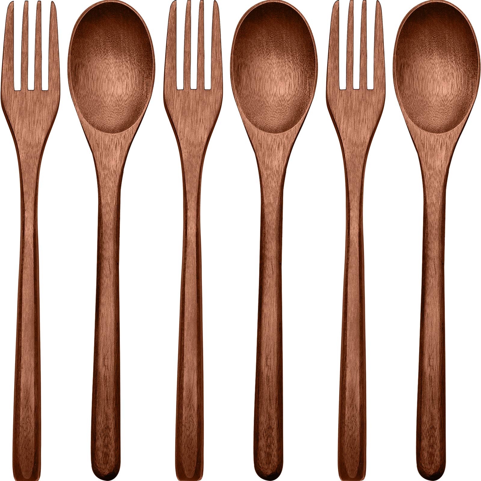 **Handmade Natural Wooden Cutlery Set - 6-Piece Reusable Wooden Spoons & Forks for Cooking, Stirring, Eating - Eco-Friendly Flatware for Dinner, Picnics & Camping**