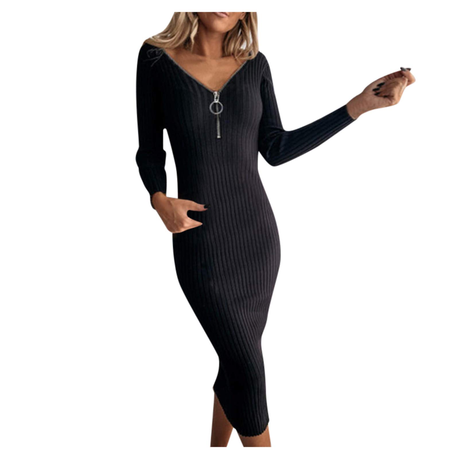 HAOREEKZ Women's Slim Zipper V-Neck Long Sleeve Stitched Midi Dress for Fall 2022 | Elegant Office Wear & Autumn Date Night Outfit