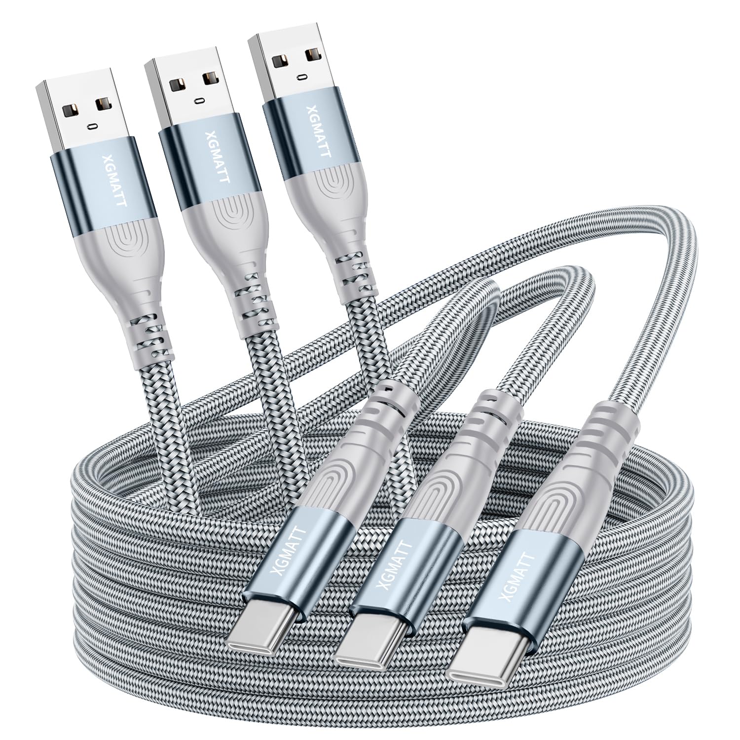 3-Pack USB C Fast Charging Cable 1M 2M 3M Nylon Braided Type C Charger for Samsung Galaxy S10 S9 S8 A51 A70, Huawei P40 P30 P20, Google Pixel, Sony Xperia, Nintendo Switch - Durable Grey Cables for Home, Office & Travel Charging