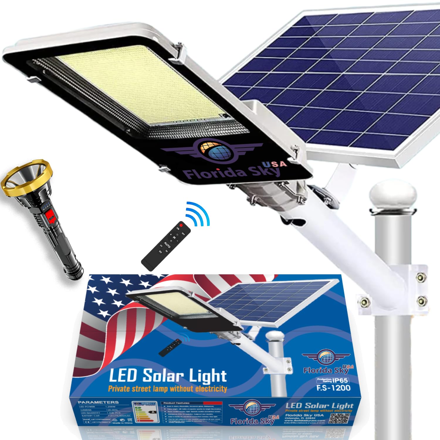Florida Sky 1200W Solar Street Lights Outdoor - 120,000LM LED Parking Lot Light, 6500K Bright White, Dusk to Dawn with Motion Sensor, IP65 Waterproof Solar Security Flood Lights for Driveway, Garden, Pathway, and Backyard Lighting