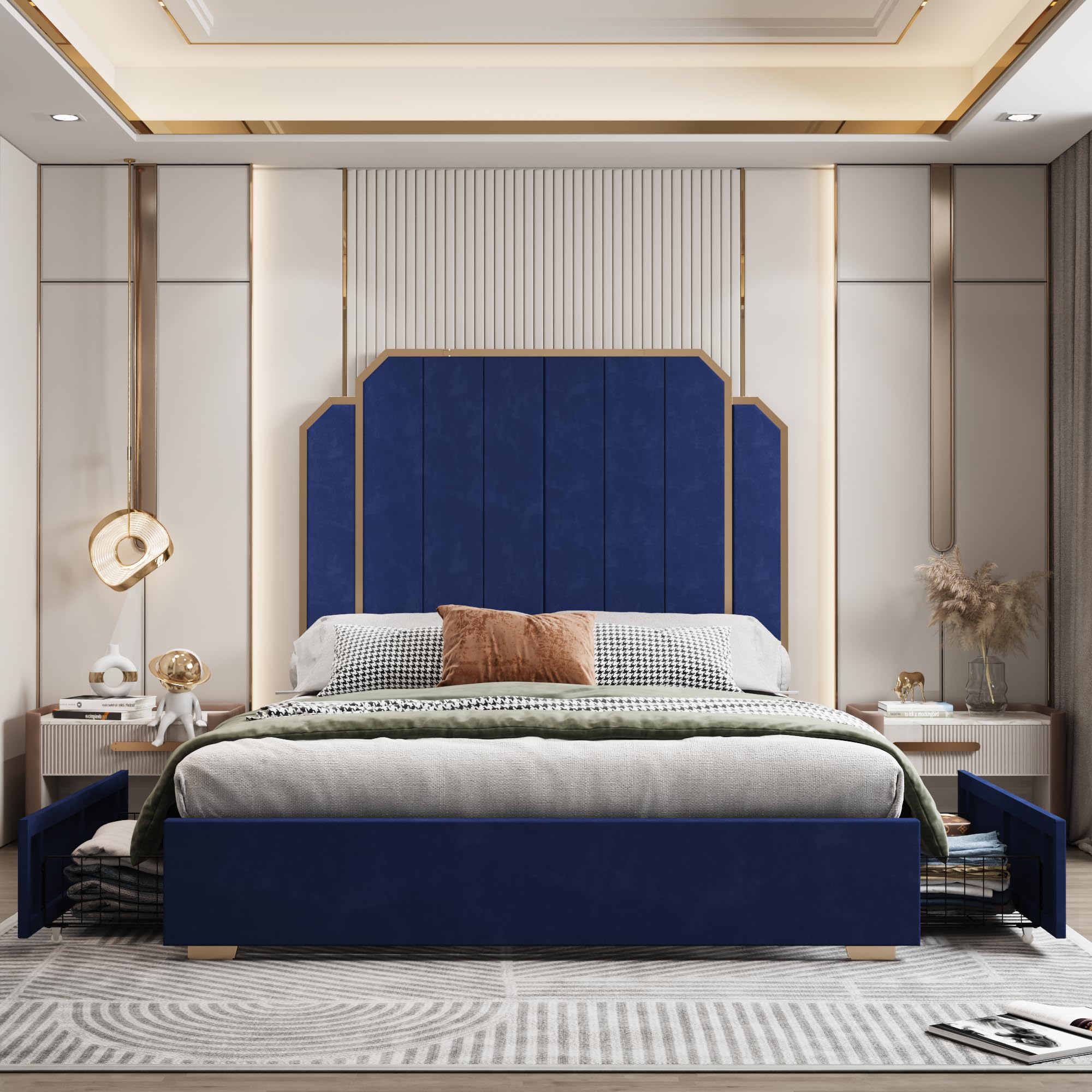 FSTAR Queen Size Upholstered Bed Frame with Storage Drawers - Velvet High Headboard Platform Bed with Gold Accents, Navy Blue - Perfect for Master Bedrooms, Guest Rooms & Small Space Apartments