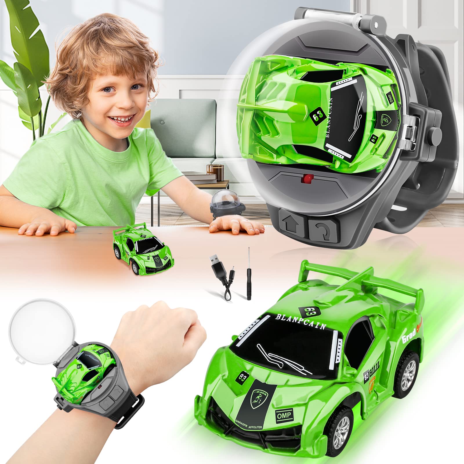 Logoplay 2023 Mini Remote Control Car Watch Toy - 2.4GHz Cartoon RC Racing Car with USB Charging, TikTok Viral Hand-Controlled Watch Car for Kids Birthday Gifts, Party Favors & Indoor Outdoor Play (Green)