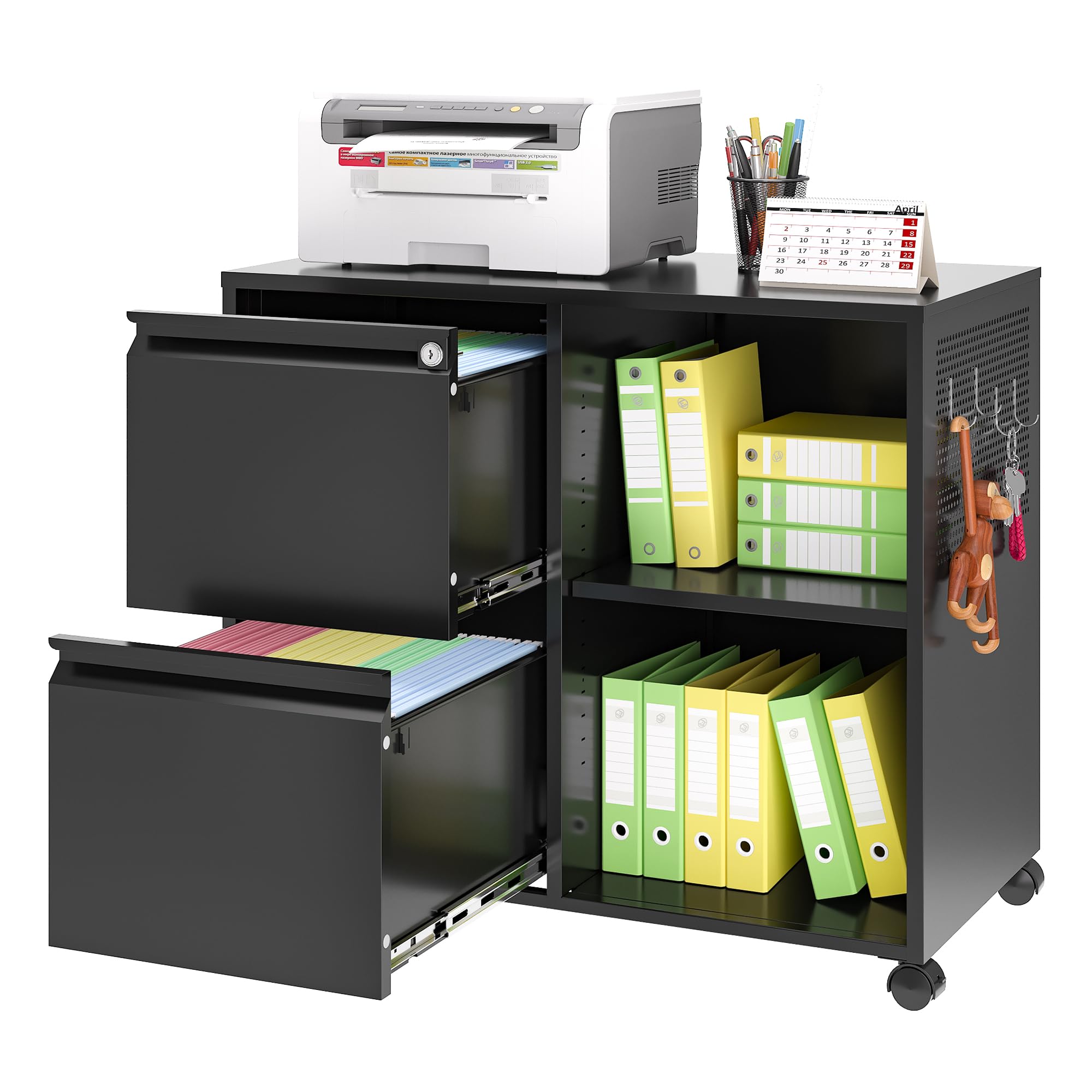 2-Drawer Mobile File Cabinet with Lock - Lateral Filing Cabinet & Printer Stand with Open Storage Shelves for Home Office (Black, Left Drawer) - Perfect for Organizing Documents, Office Supplies & Printer Equipment in Small Spaces