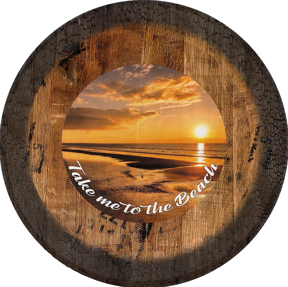 PS Prints Take Me to The Beach Large Oak Whiskey Barrel Lid Wall Art - Perfect for Beach House Decor, Coastal Living Rooms, and Nautical Themed Spaces