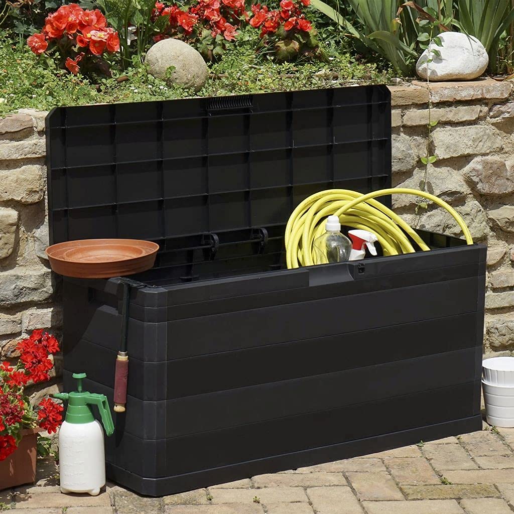 74 Gallon Weatherproof Deck Storage Box with Lockable Lid - Outdoor & Indoor Garden Organizer for Patio Furniture, Pool Toys & Yard Tools - Black (46.1