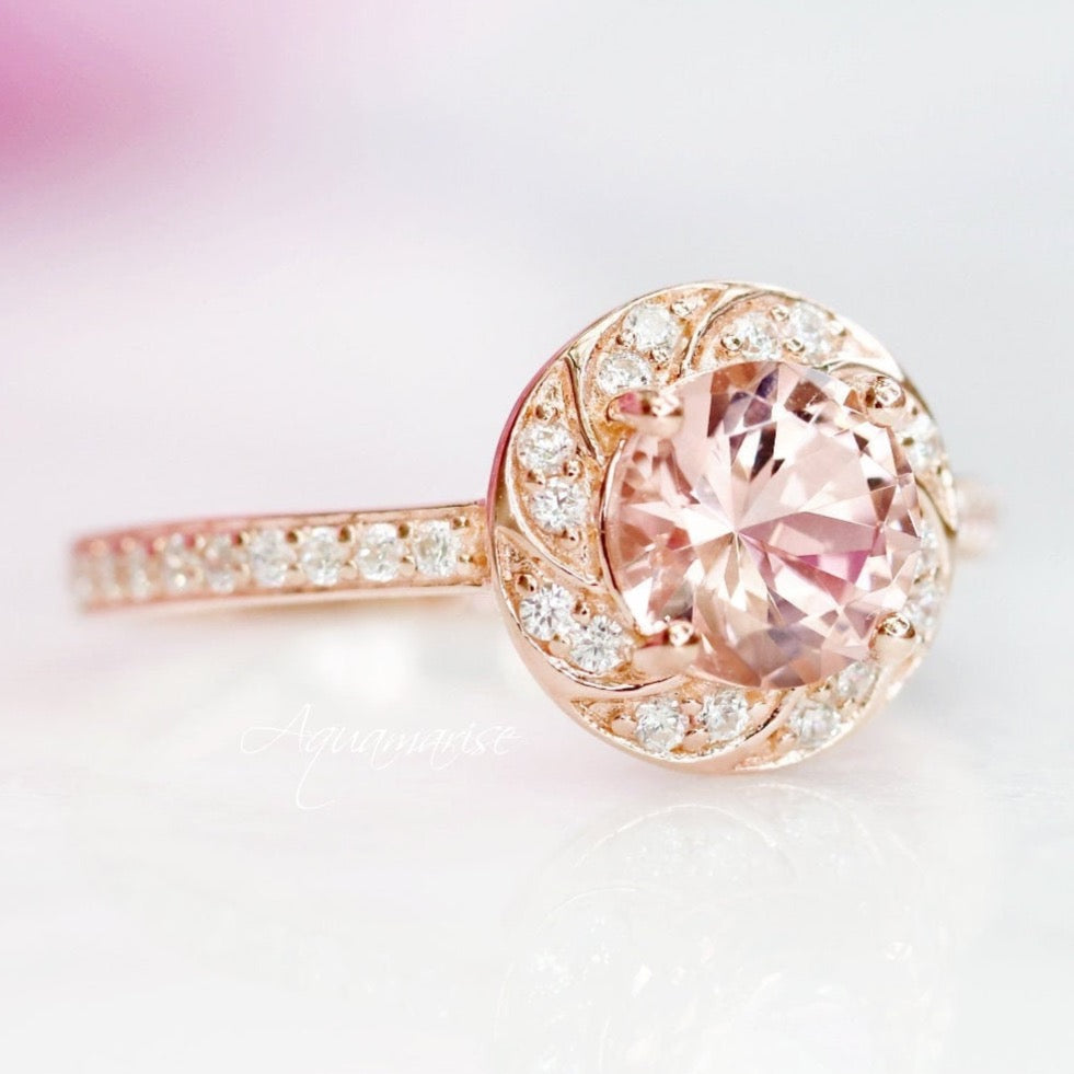 14K Solid Rose Gold Twisted Halo Morganite Engagement Ring - Perfect for Proposals, Anniversaries & Bridal Jewelry