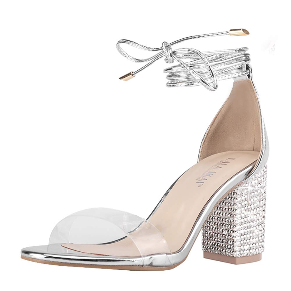 LALA IKAI Women's Rhinestone Ankle Strap High Heel Sandals - Gold Clear Chunky Heels Dress Party Pumps for Weddings, Prom, Evening Events & Special Occasions