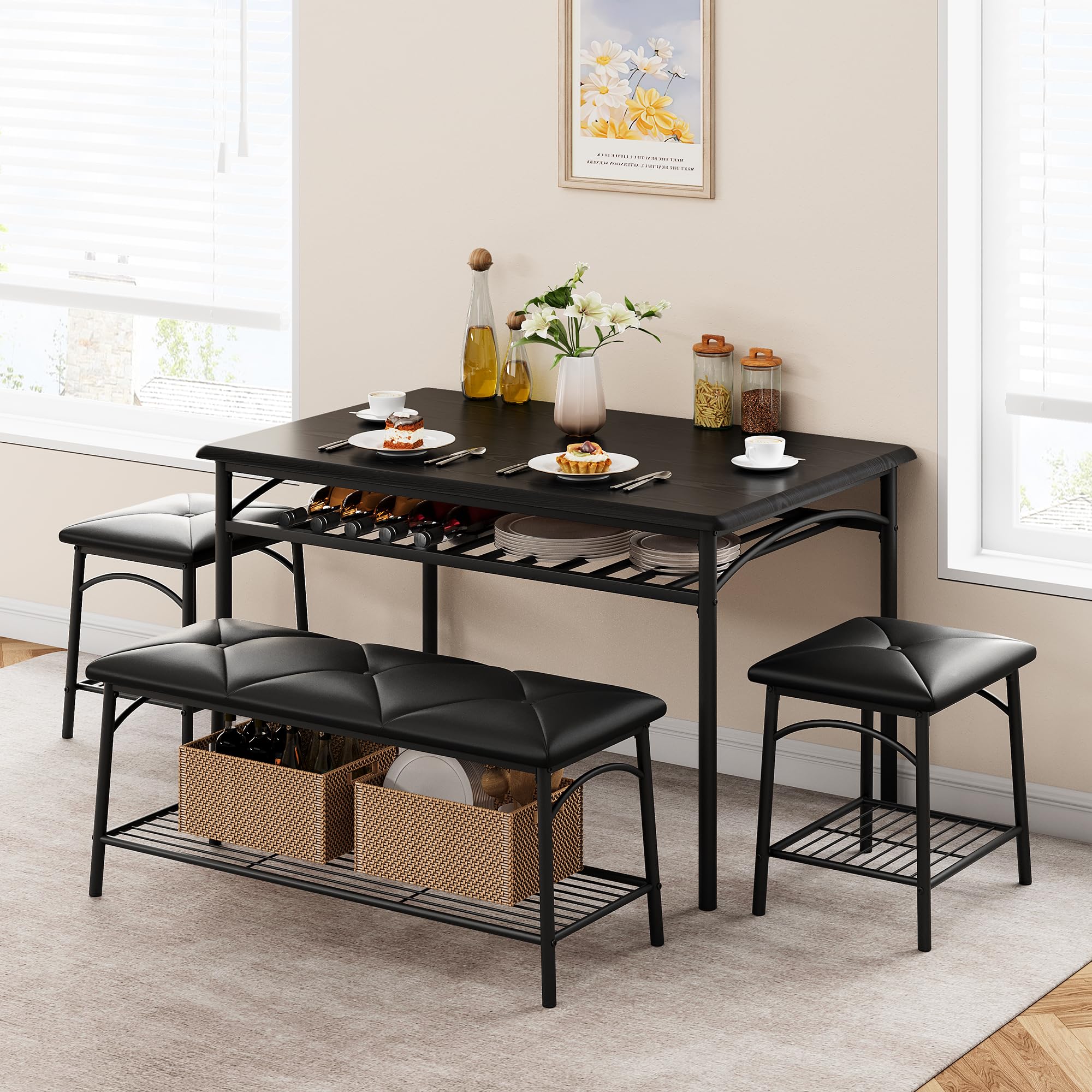 IDEALHOUSE 4-Piece Dining Table Set with Upholstered Bench & Square Stools - Space Saving Kitchen Table for Small Apartments - Black Modern Dining Room Furniture for Breakfast, Dinner & Family Gatherings