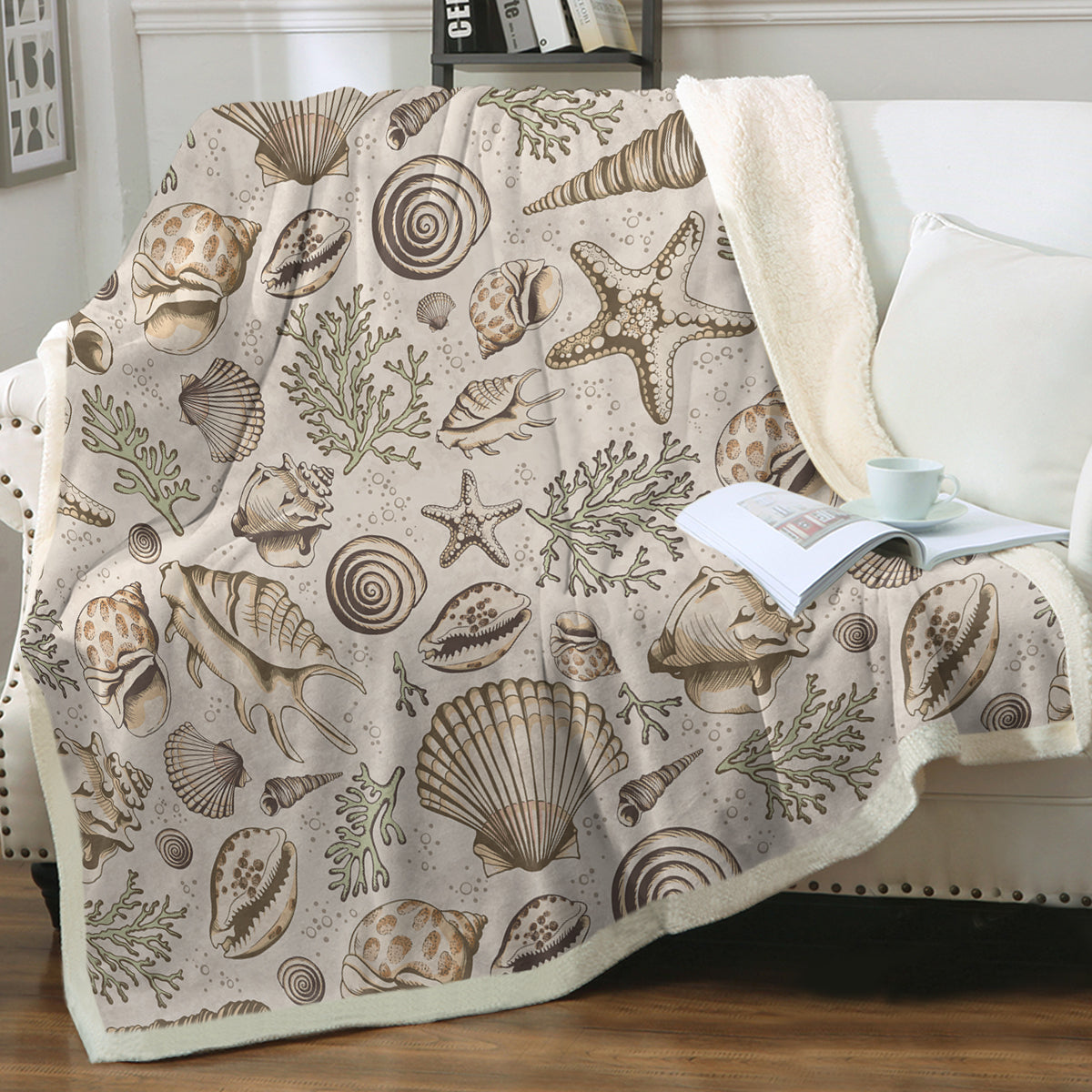 Cozy Brown Seashells Soft Sherpa Blanket - Warm Flannel Throw for Bed, Couch & Travel - Ultra Soft Fleece Blanket for Winter, Camping & Home Decor