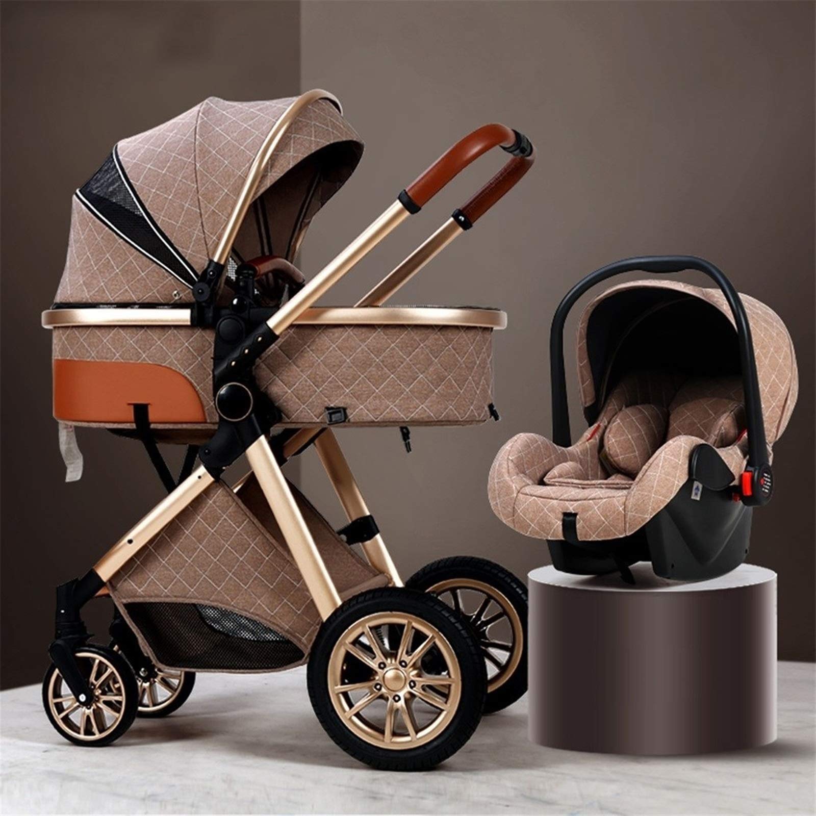 **TXTK 3-in-1 Baby Stroller for Newborn & Toddler - Lightweight Folding Travel Stroller with Shock Absorber, Aluminum Frame, Mommy Bag, Rain Cover & Storage Basket (Khaki) - Perfect for Shopping, Travel & Daily Walks**