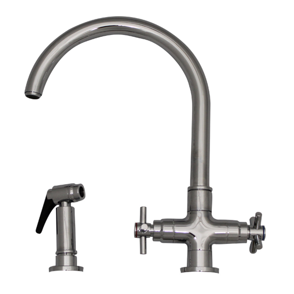 Premium Dual Handle Gooseneck Kitchen Faucet with 360° Swivel Spout, Cross Style Handles & Solid Brass Side Sprayer - Ideal for Modern Farmhouse, Industrial & Commercial Kitchens
