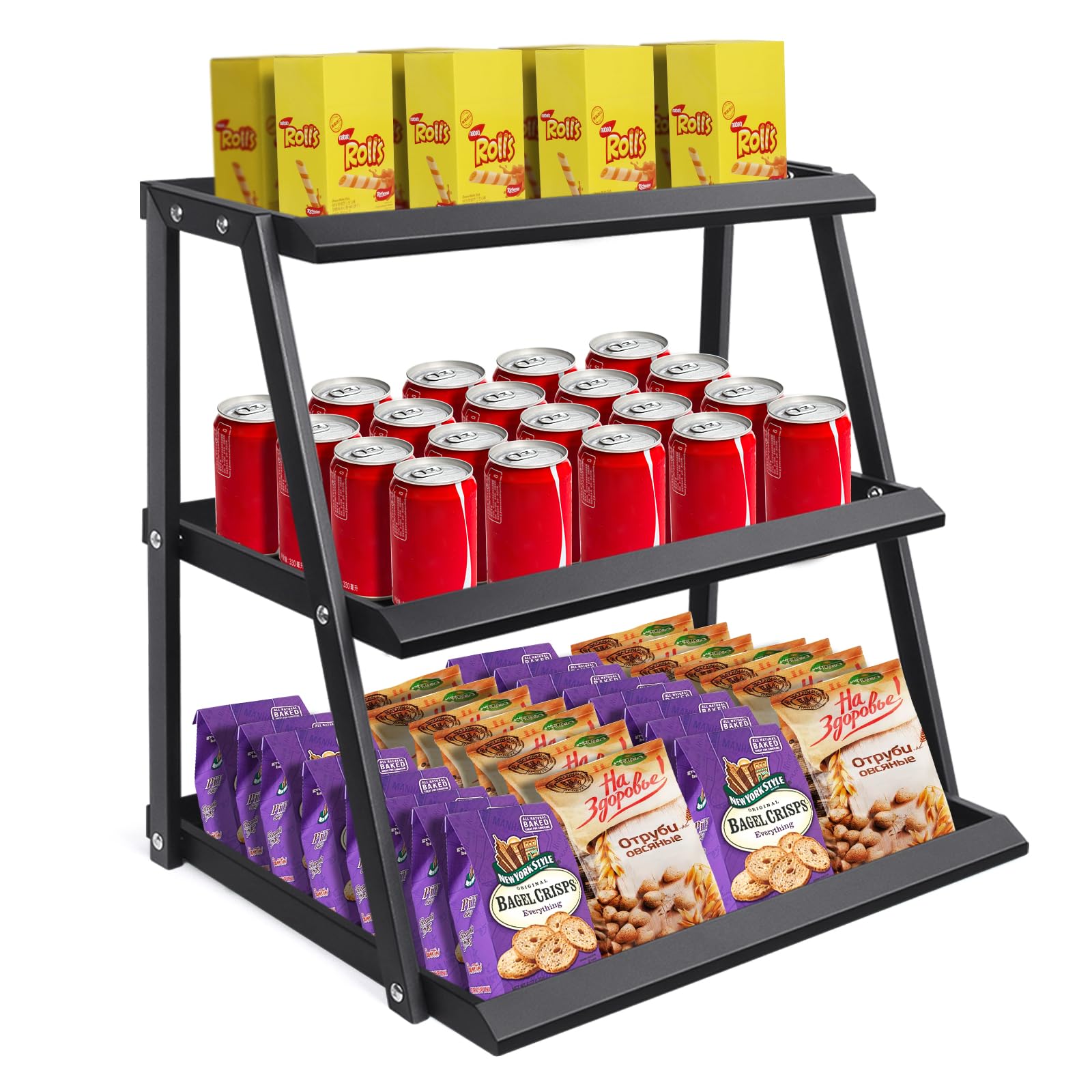 3-Tier Metal Snack Organizer Rack - Countertop Candy & Chip Display Stand for Pantry, Office, Store, Bedroom - Black Snack Holder for Retail, Parties & Home Organization