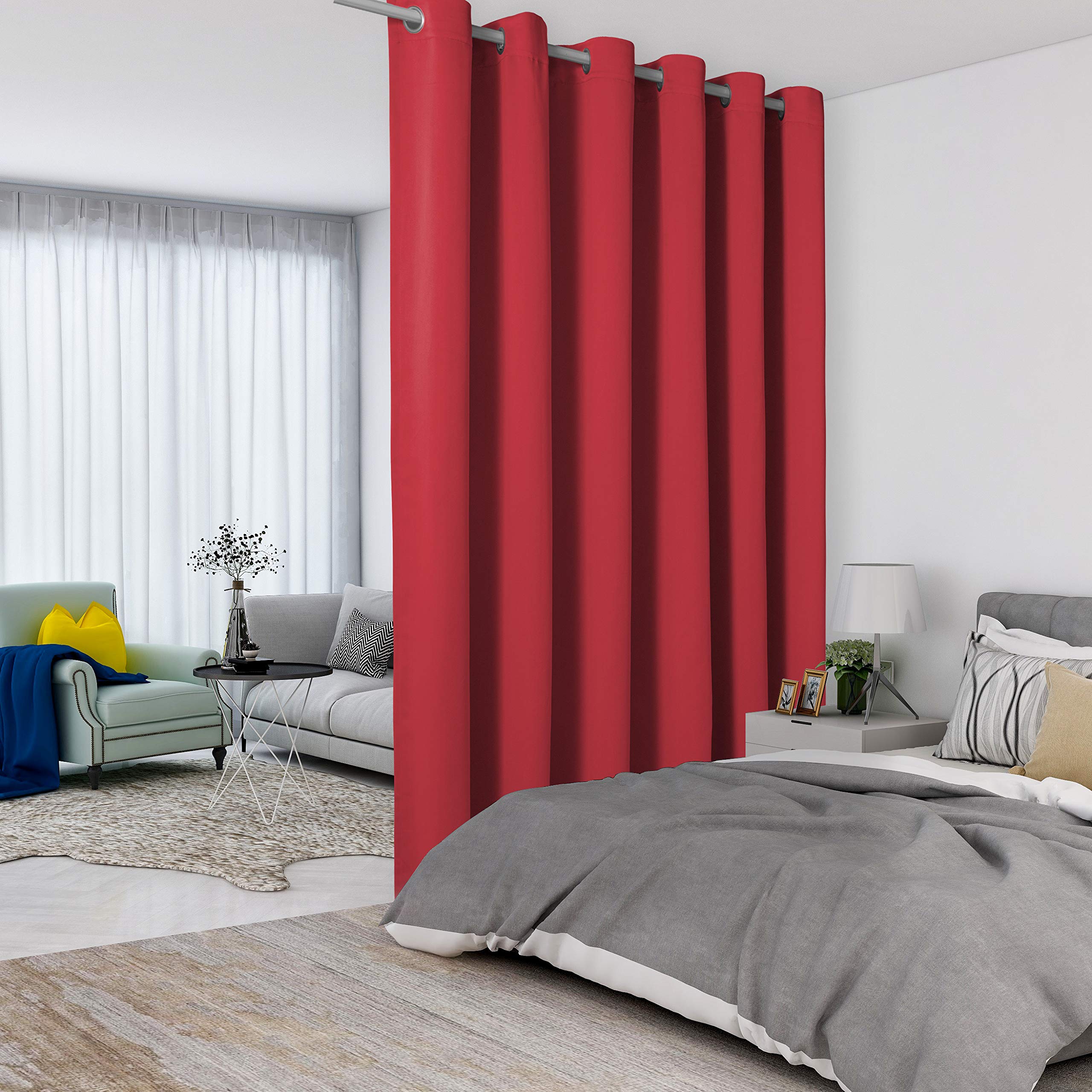 LORDTEX Red Room Divider Curtain - 15ft Wide x 9ft Tall Soundproof Blackout Privacy Screen for Living Room, Bedroom, Patio Door | Noise Reduction & Light Blocking for Home Office, Studio, or Dorm Room