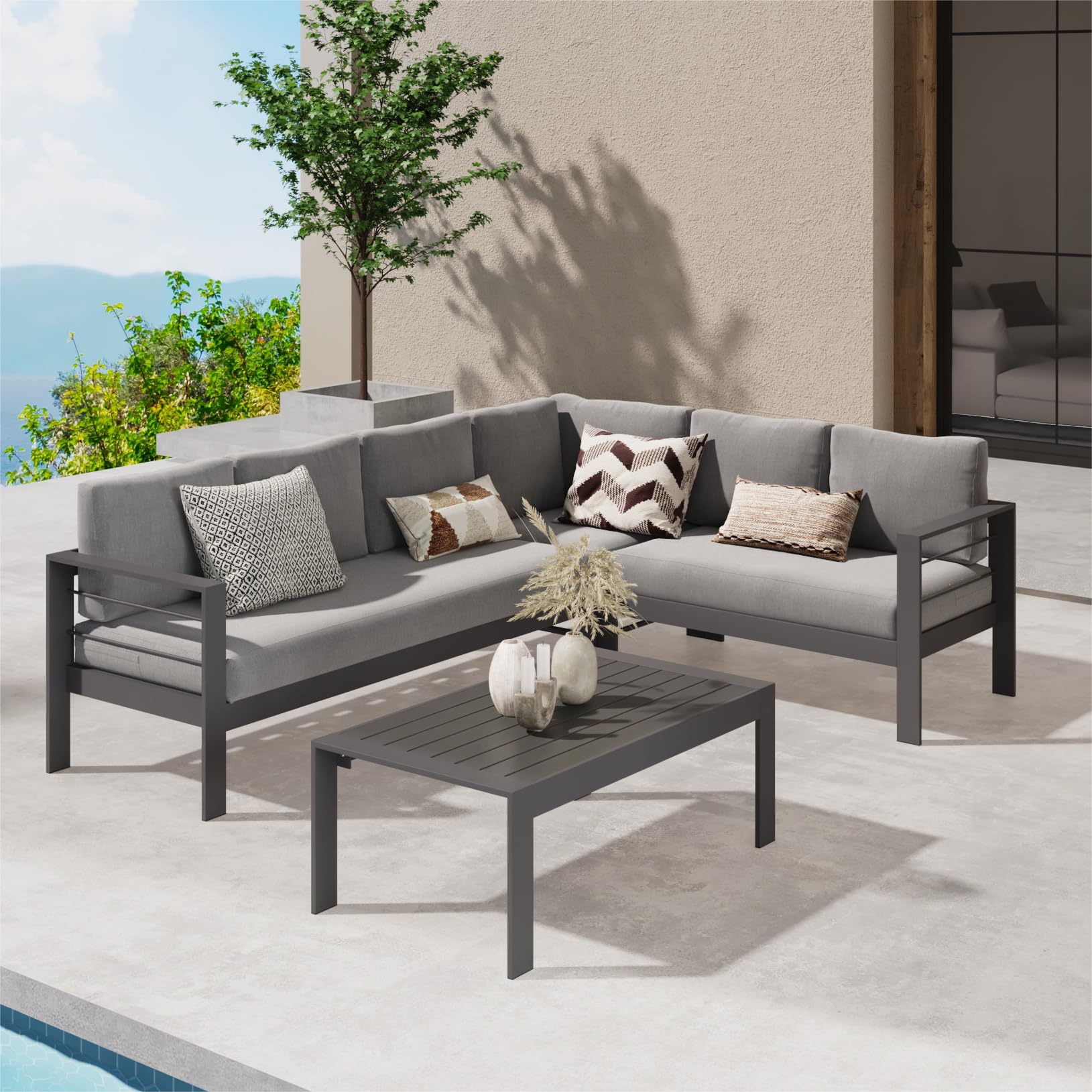 Wisteria Lane Outdoor Patio Furniture Set - 6-Piece Aluminum Sectional Sofa with Coffee Table, All-Weather Metal Conversation Set & Dark Grey Cushions - Perfect for Backyard, Garden, Poolside & Deck Relaxation