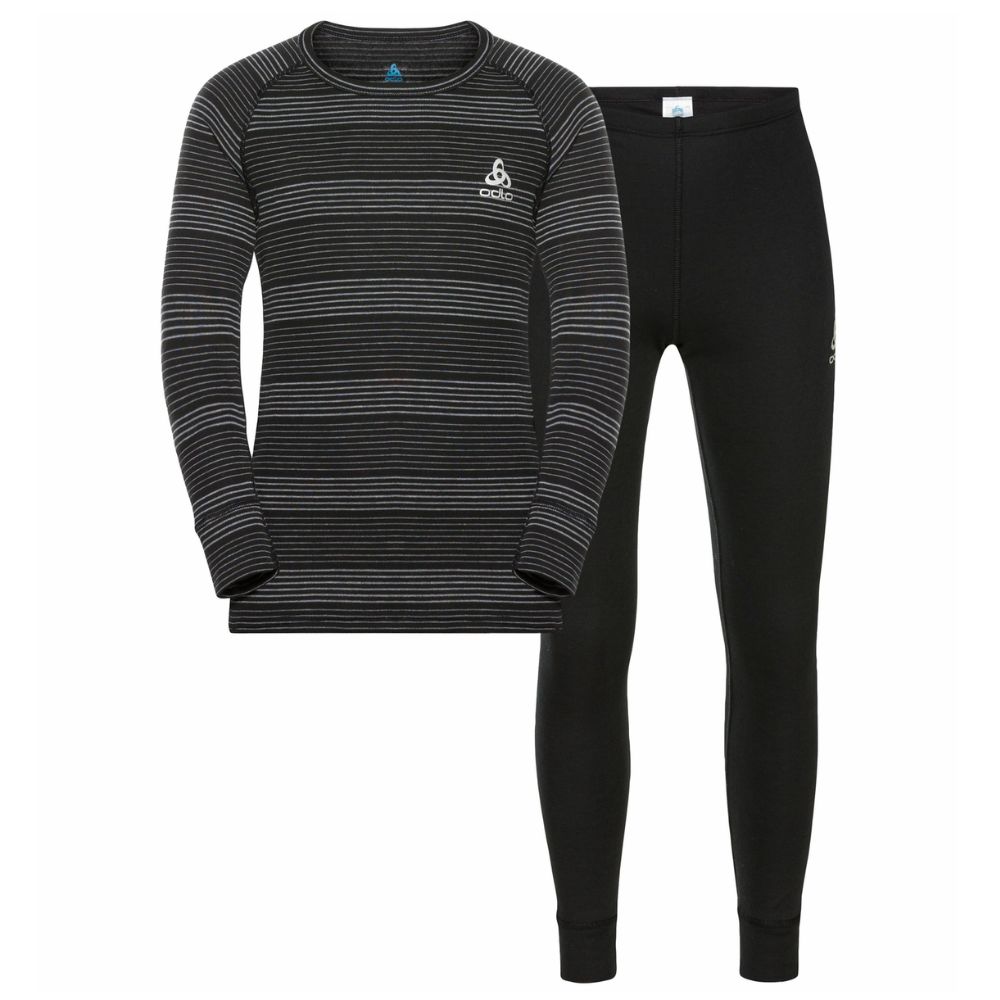 Odlo Thermal Base Layer Set for Kids - Active Warm Black/Grey Melange Stripe - Winter Sports & Outdoor Activities Underwear