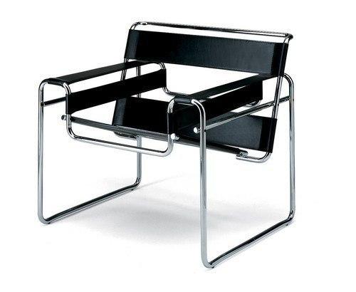 Marcel Breuer Wassily Chair - Black Leather Tubular Steel Frame Modernist Lounge Chair for Living Room, Office & Lounge Spaces