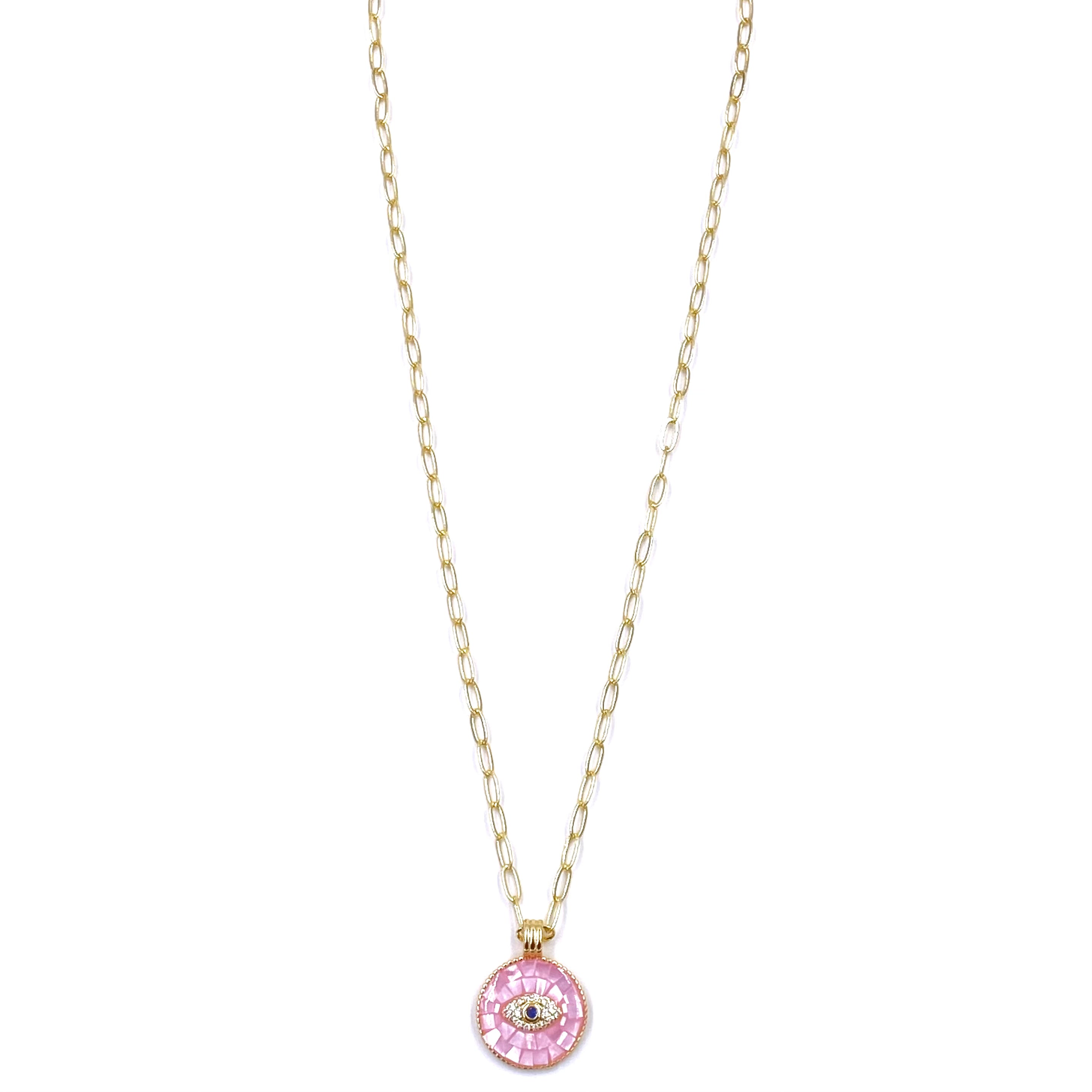 Ashley Gold Stainless Steel Evil Eye Necklace with Pink Opal Disc - Elegant Protection Jewelry for Women, Perfect for Everyday Wear & Gift Giving