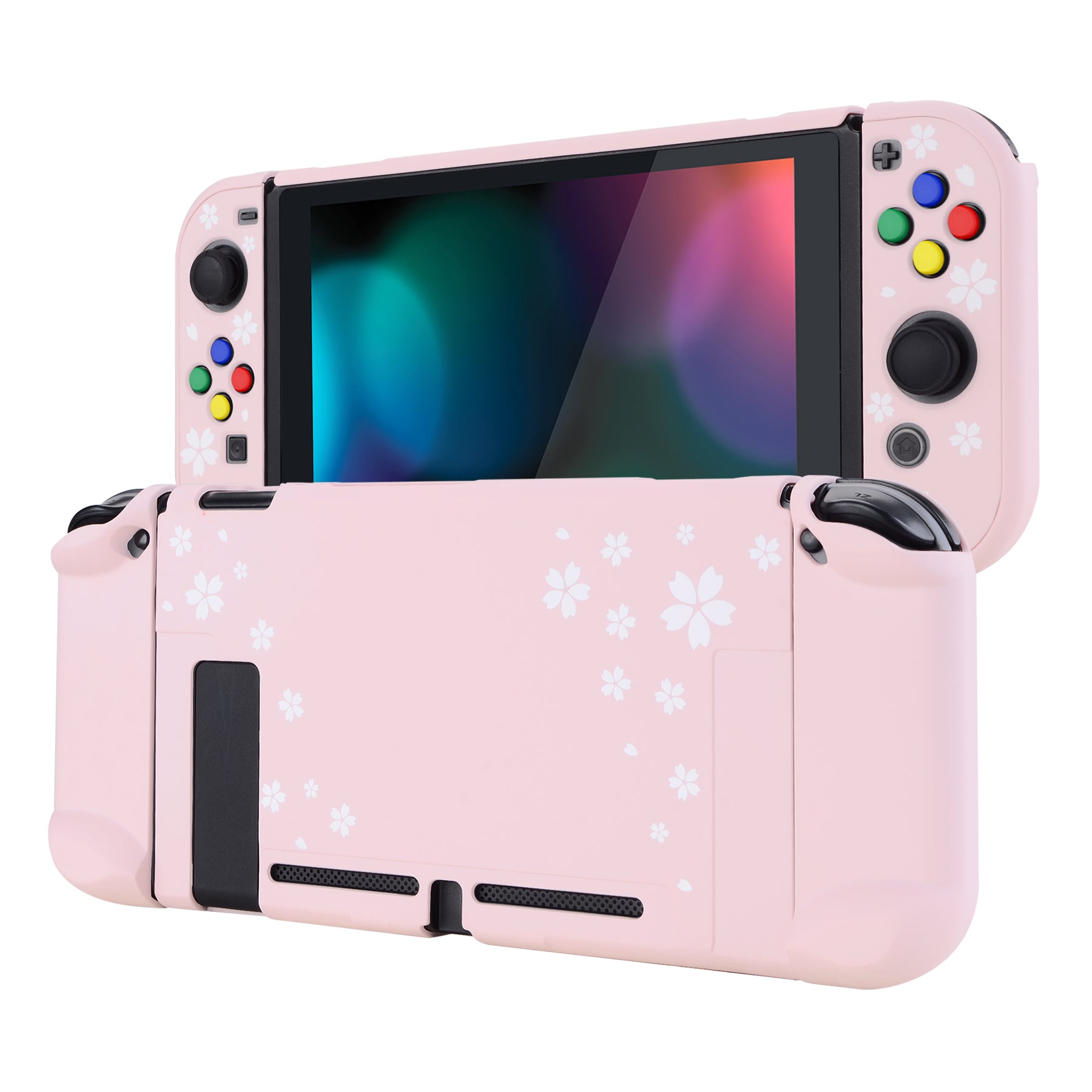 eXtremeRate PlayVital Cherry Blossom Hard Shell Case for Nintendo Switch Console & Joy-Con Controllers - Dockable Protective Cover with Colorful ABXY Button Caps - Perfect for Gaming, Travel and Home Entertainment
