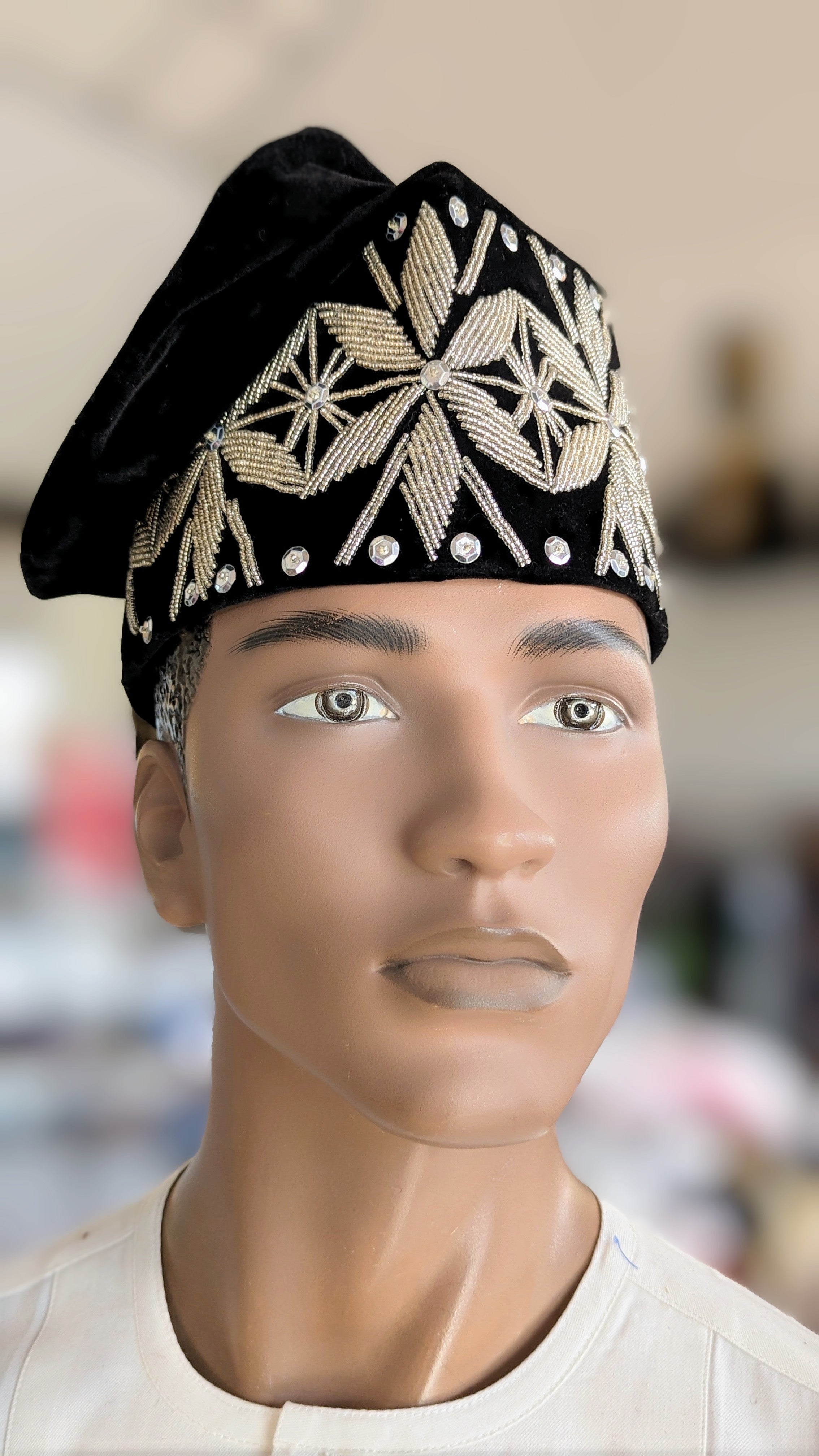 Dupsie's Filani Black Silver Velvet Embroidered Kufi Cap Hat - Islamic Prayer Hat for Men, Traditional Muslim Headwear for Eid, Mosque & Special Occasions