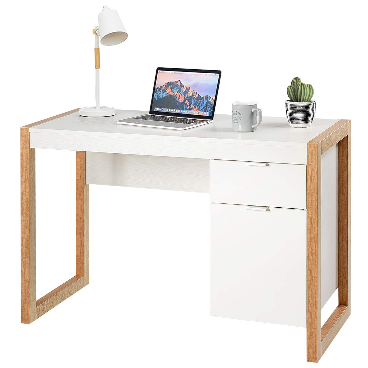 Tangkula White & Natural Wooden Home Office Desk with Drawer & Cabinet - Sturdy PC Laptop Workstation Study Writing Desk for Small Spaces - Perfect for Bedroom, Home Office, Dorm Room & Workspace Organization