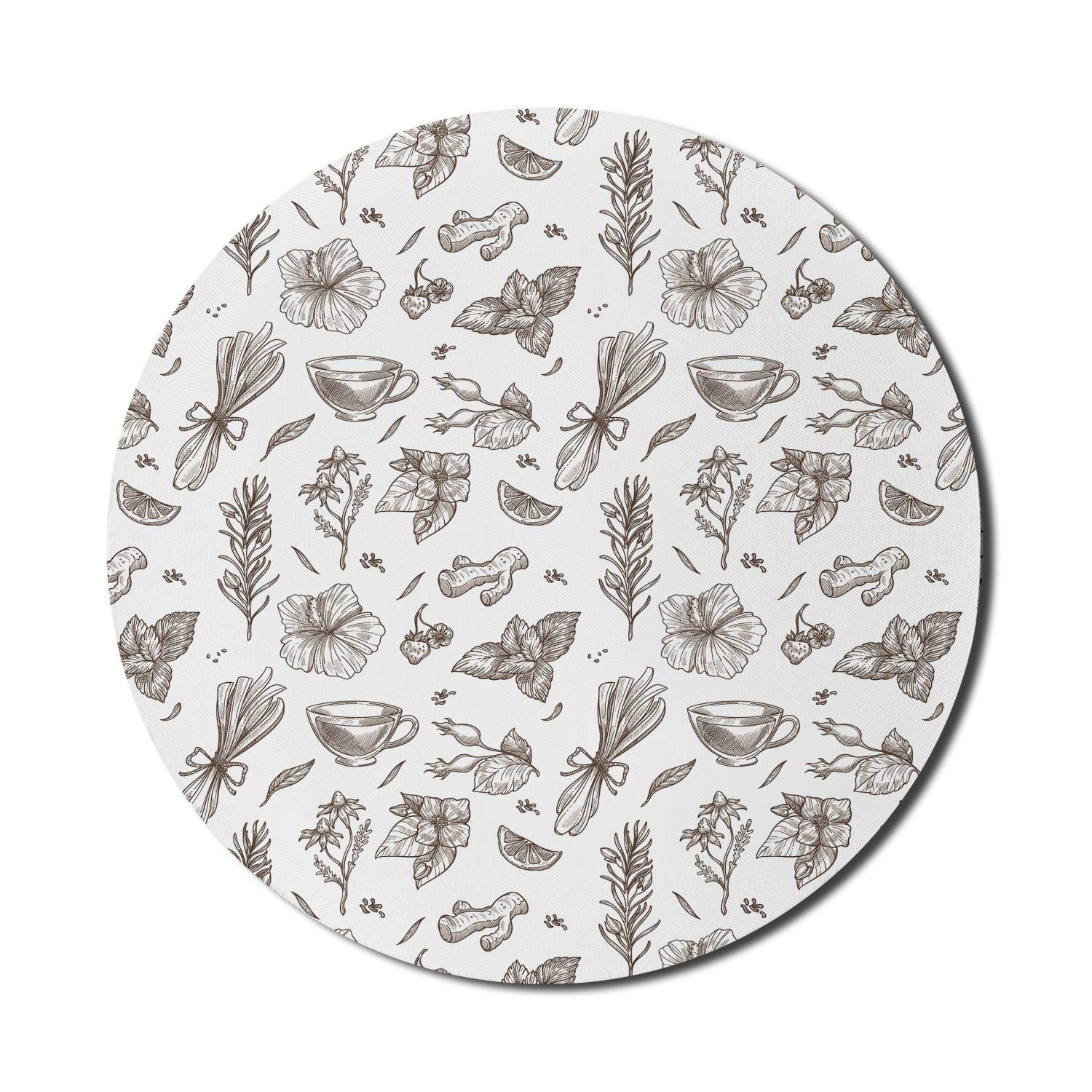 Ambesonne Hand-Drawn Botanical Mouse Pad - Non-Slip Round Rubber Gaming Mouse Mat with Monochrome Branch & Herb Design (8 Inch, Dark Cocoa/White) - Perfect for Office, Gaming & Computer Workstations
