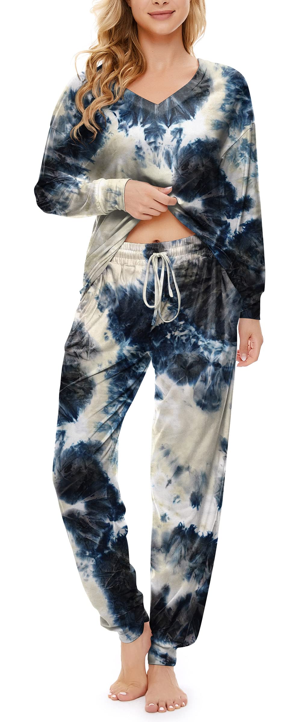 **Forcord Women's Tie Dye Pajama Set - Long Sleeve Sweatshirt & Pants Sleepwear Lounge Outfit with Pockets - 2-Piece PJ Set for Cozy Nights & Relaxing at Home**