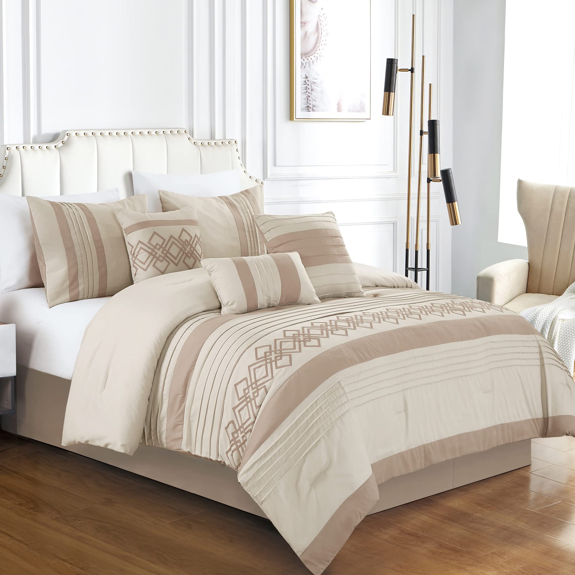 Chezmoi Collection Ariel 7-Piece Taupe Geometric Chenille Embroidery Pleated Striped Comforter Bedding Set Queen Size - Soft Luxury Bedroom Decor for Modern Homes & Guest Rooms