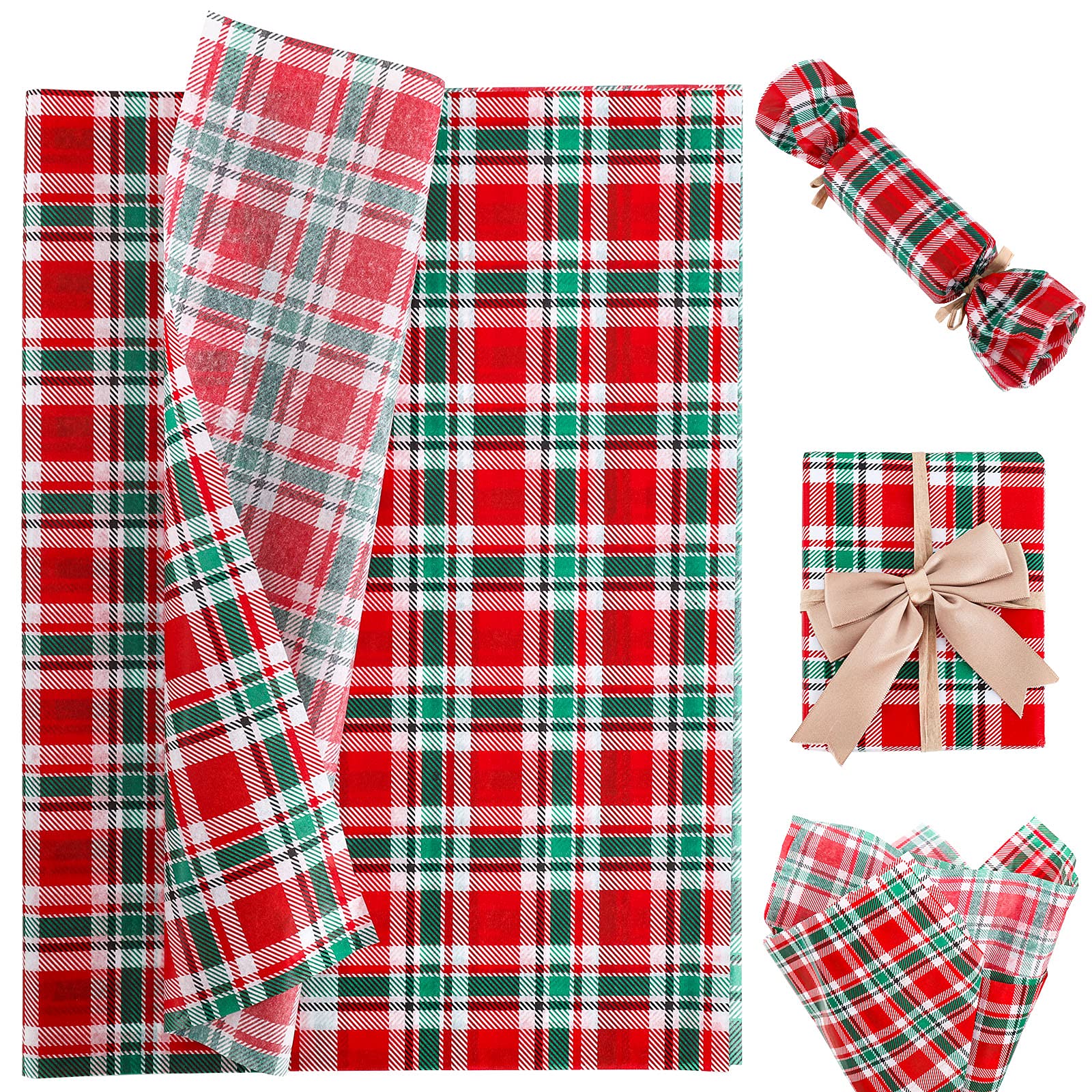 Whaline Christmas Tissue Paper - Buffalo Plaid Wrapping Paper in Red, Green & White - 100 Sheets for Gift Wrapping, DIY Crafts, Small Business Packaging, New Year Decor | Perfect for Holiday Presents, Party Favors & Rustic Art Projects