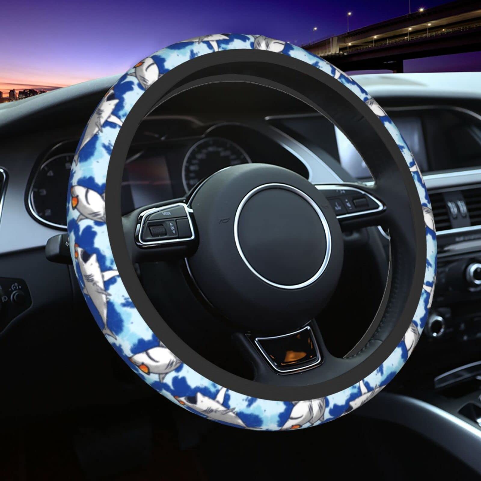 KiuLoam Blue Tie Dye Shark Print Universal Steering Wheel Cover - 15 Inch Fit for SUV, Sedan, Van & Truck - Durable Car Accessory for Men & Women - Perfect for Road Trips & Hot Weather Protection