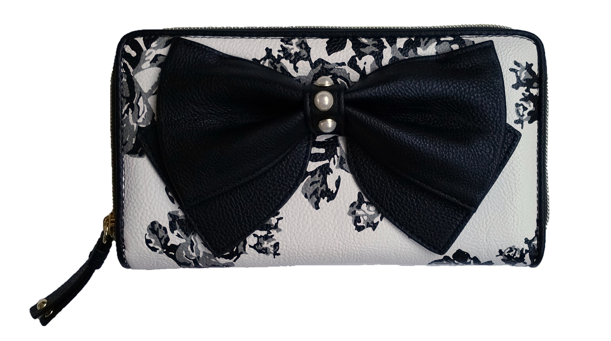 Betsey Johnson Women's White Cream & Black Floral Big Bow Wallet - Stylish Crossbody Clutch for Parties, Date Nights & Everyday Use