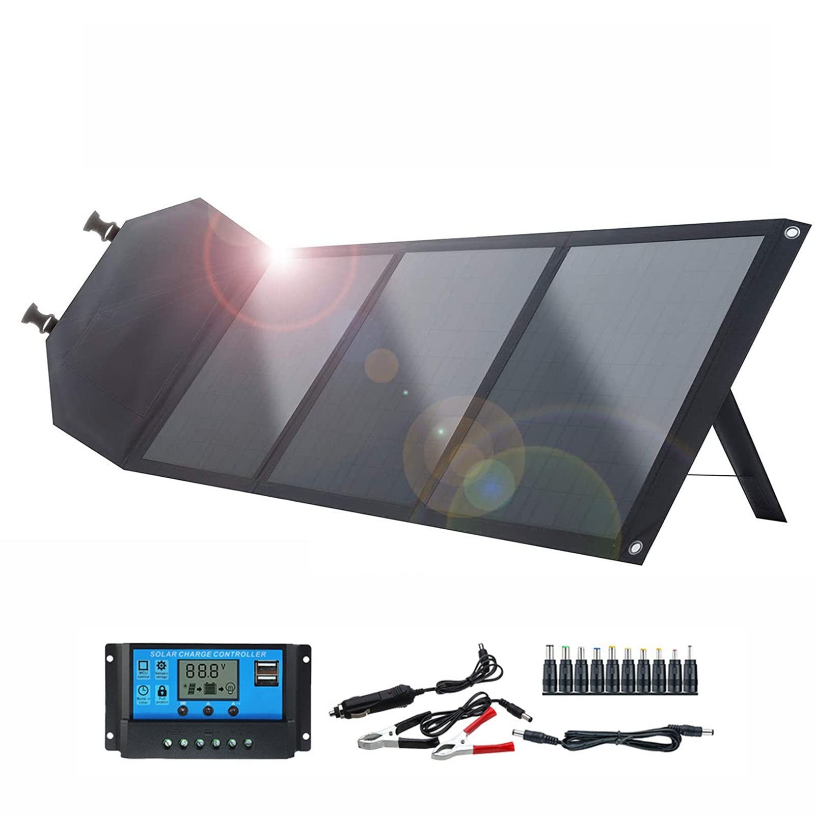 60W Foldable Solar Panel Kit - Portable Waterproof Solar Charger with Dual USB/DC Ports & 50A Controller - Power Bank for Phones, Cars, Batteries - Ideal for Outdoor Camping, Hiking, Travel & Emergency Power Supply