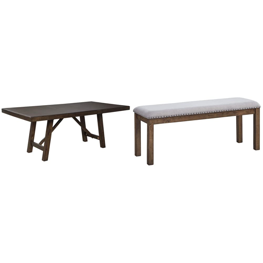 Signature Design by Ashley Rokane Rustic Farmhouse Dining Table - Extendable Wooden Table for 8 with Matching Moriville Casual Upholstered Dining Bench in Beige & Brown - Perfect for Family Dinners and Farmhouse-Style Dining Rooms