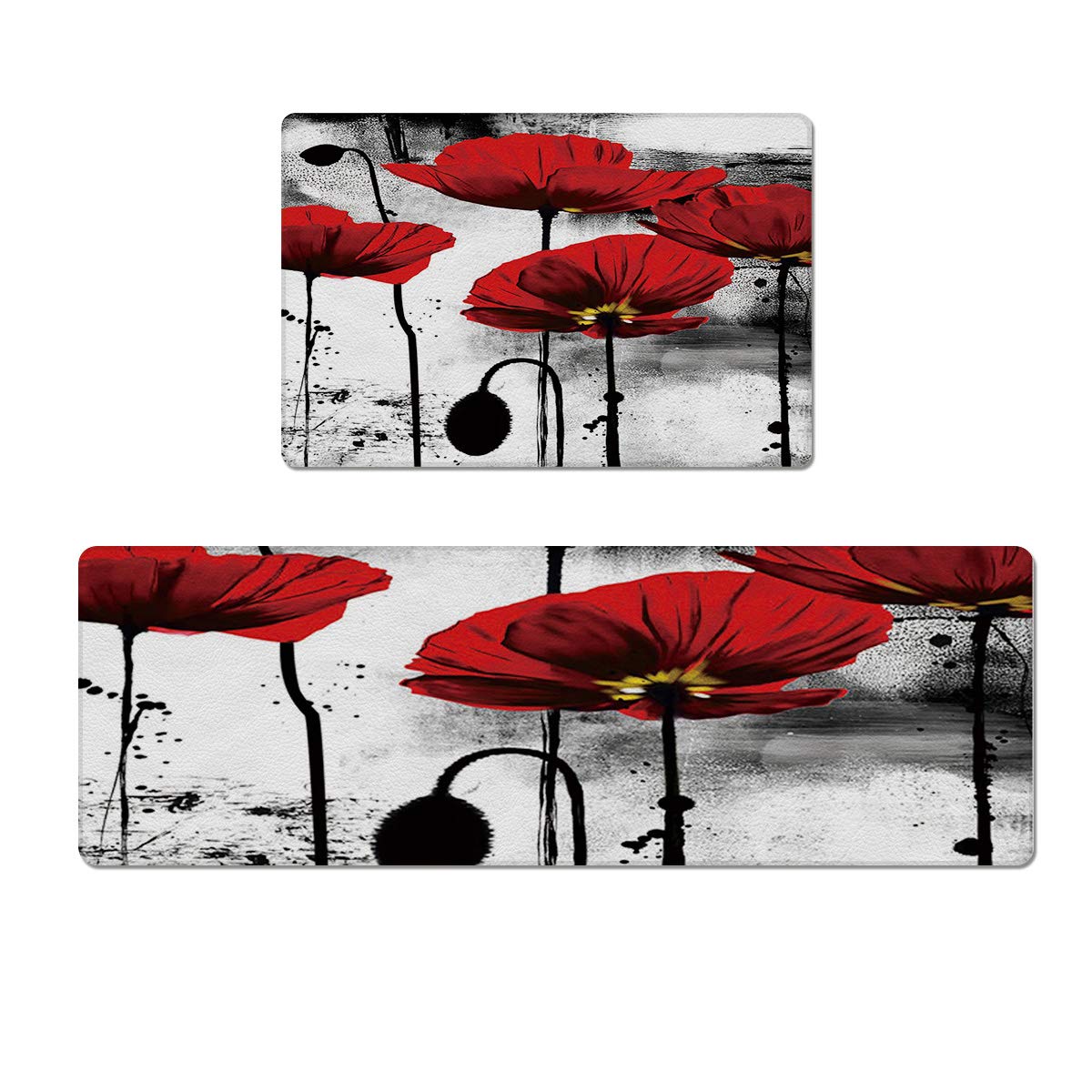 Non-Slip Kitchen Mats Set - Waterproof Anti-Fatigue Rugs for Floors, Office & Laundry - Red Poppy Design (18