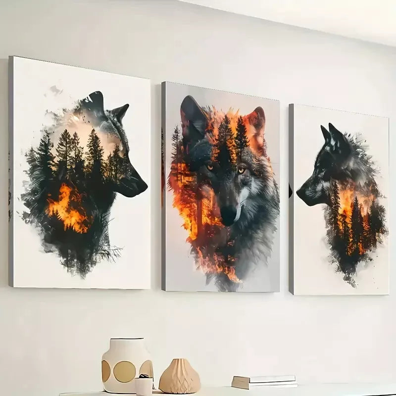 3-Piece Wolf Animal Abstract Forest Painting Wall Art Set - Framed Canvas 40x60cm - High Quality Print - 100% Australian Made - Ready to Hang - Perfect for Living Room, Bedroom & Office Decor
