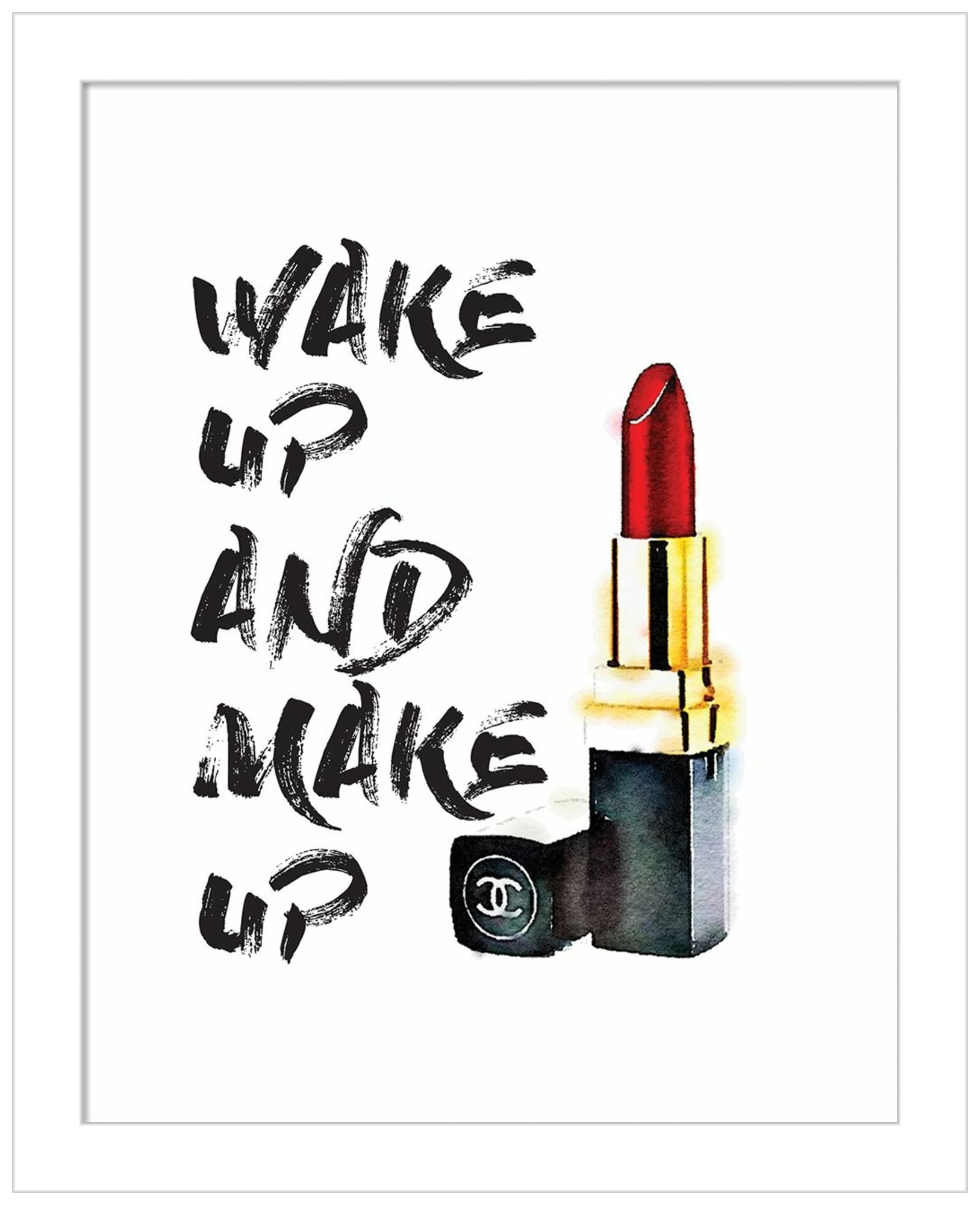 Amanti Art Wood Framed Wall Art Print - Wakeup Makeup Lipstick Red by Amanda Greenwood (11x13 Inches) - Svelte White Frame - Perfect for Bathroom, Bedroom or Vanity Decor