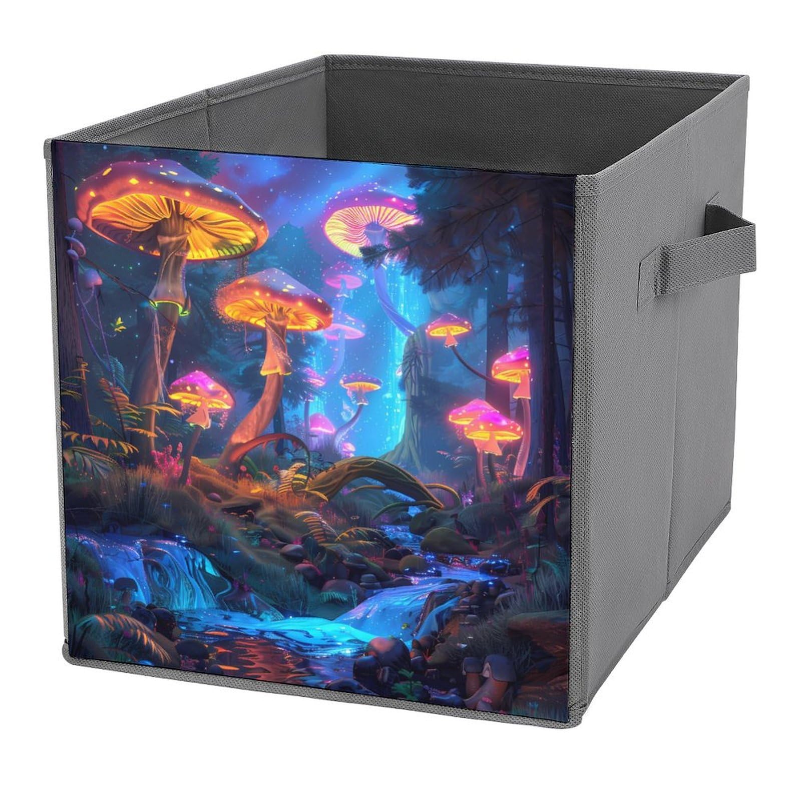 Blacklight Mushroom Folding Storage Cubes - Collapsible Fabric Organizer Bins with Handles for Closet, Nursery & Home Organization (1-Pack) - Perfect for Toys, Books & Laundry Storage