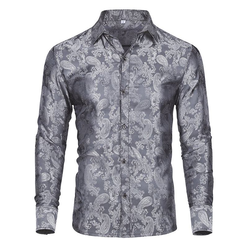 Slim Fit Embroidered Grey Paisley Shirt for Men - Stylish Casual Button Down Shirt for Office, Party & Date Night Outfits