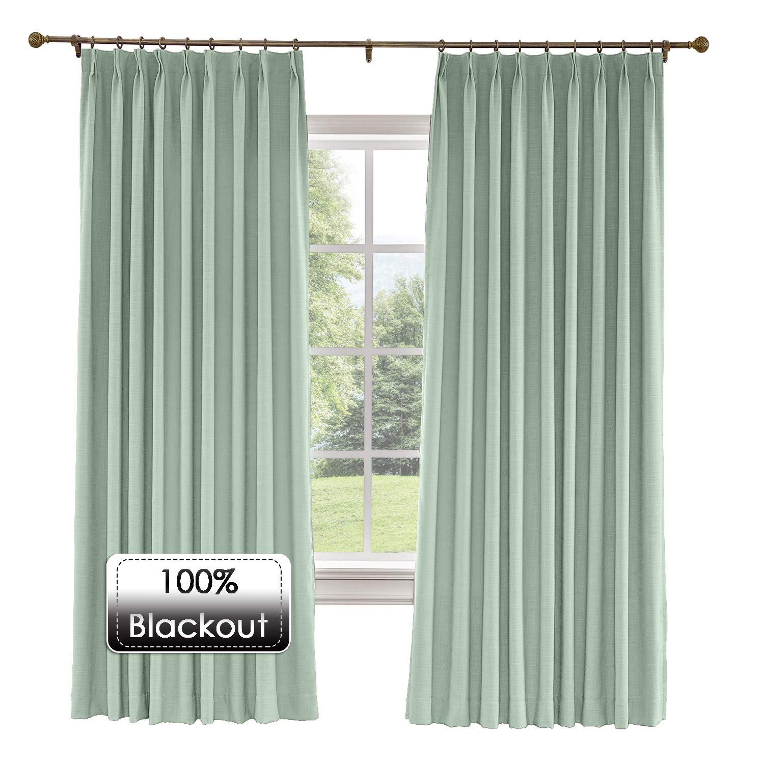 Extra Wide Blackout Linen Curtains - Thermal Insulated Pinch Pleat Drapes for Large Windows (120x96-inch, 1 Panel, Aqua) - Perfect for Living Room & Floor-to-Ceiling Windows - Blocks Light, Insulates & Enhances Privacy