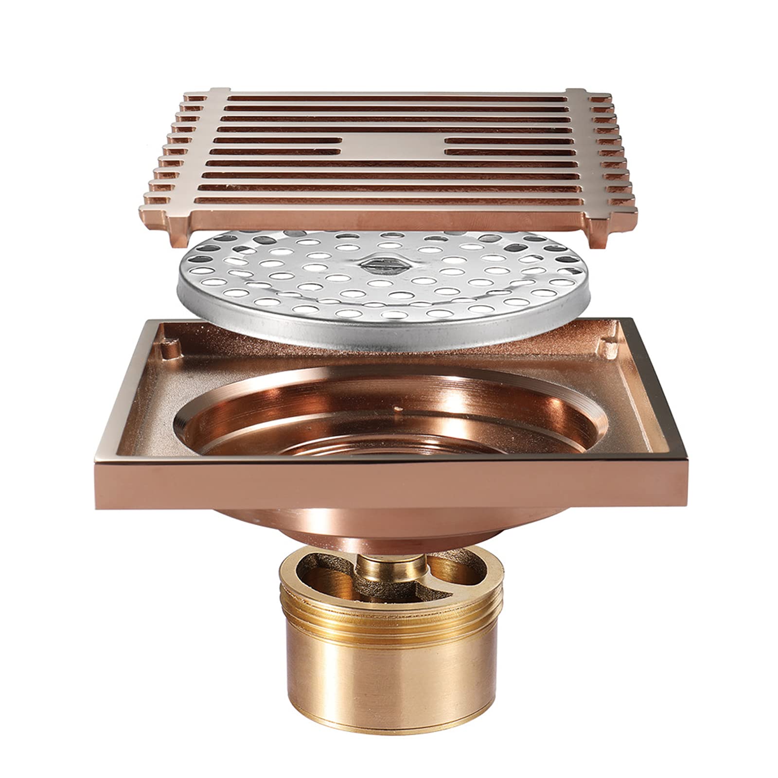 4 Inch Square Rose Gold Shower Drain - Brass Floor Drain with Tile Insert Grate & Deodorant Core - Bathroom Shower Waste Drain for Modern Tile Showers and Wet Rooms
