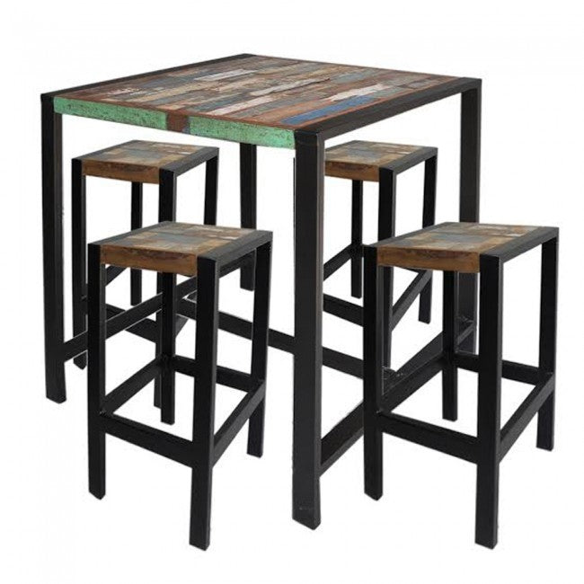 French Industrial Reclaimed Wood Bar Stool Set - Rustic Pub & Kitchen Counter Height Stools for Home, Cafe, and Restaurant Decor