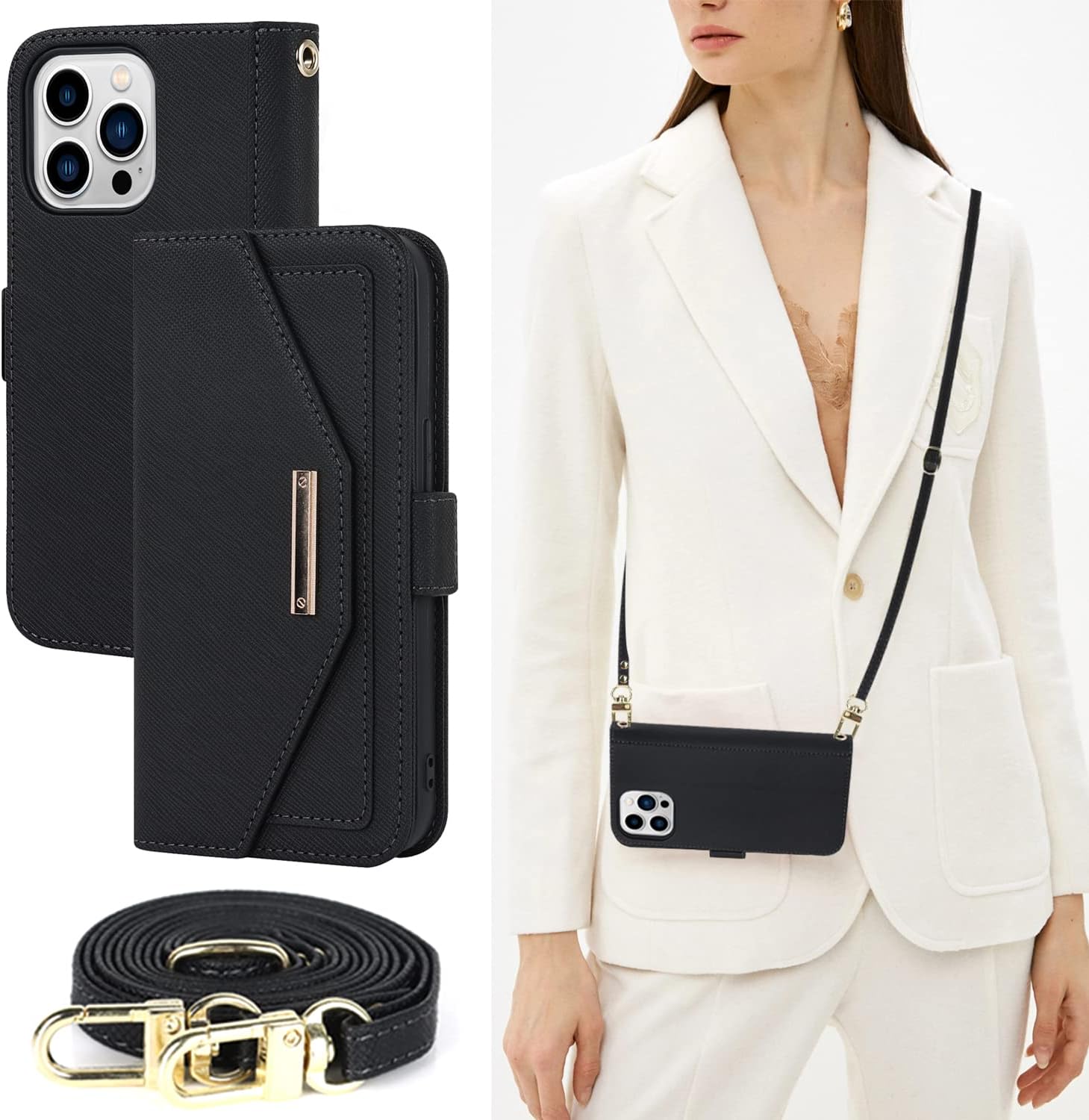 iPhone 15 Pro Max Wallet Case with Adjustable Shoulder Strap - Premium Leather Phone Holder for Cards & Cash - Perfect for Travel, Shopping & Everyday Use