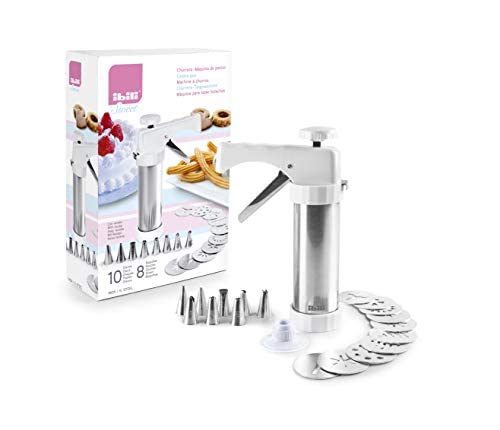 Ibili Stainless Steel Cookie Press Gun for Baking - 18/10 INOX, Dishwasher Safe with 10 Discs & 8 Nozzles - Perfect for Holiday Cookies, Decorating Cakes & DIY Desserts - Made in Spain