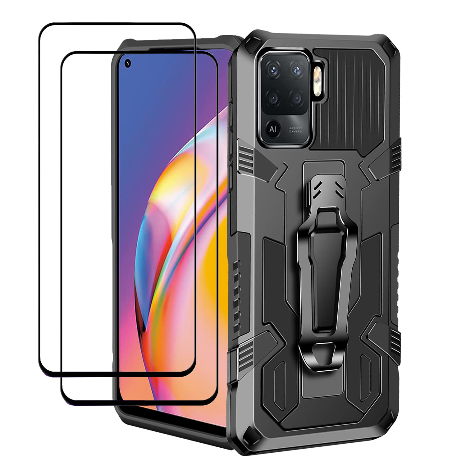 ZMONE Military Grade Shockproof Phone Case for Oppo Reno 5 Lite/A94 4G/F19 Pro [2 Pack] with Tempered Glass Screen Protector & Metal Belt Clip - Black | Perfect for Outdoor Activities, Work & Travel Protection