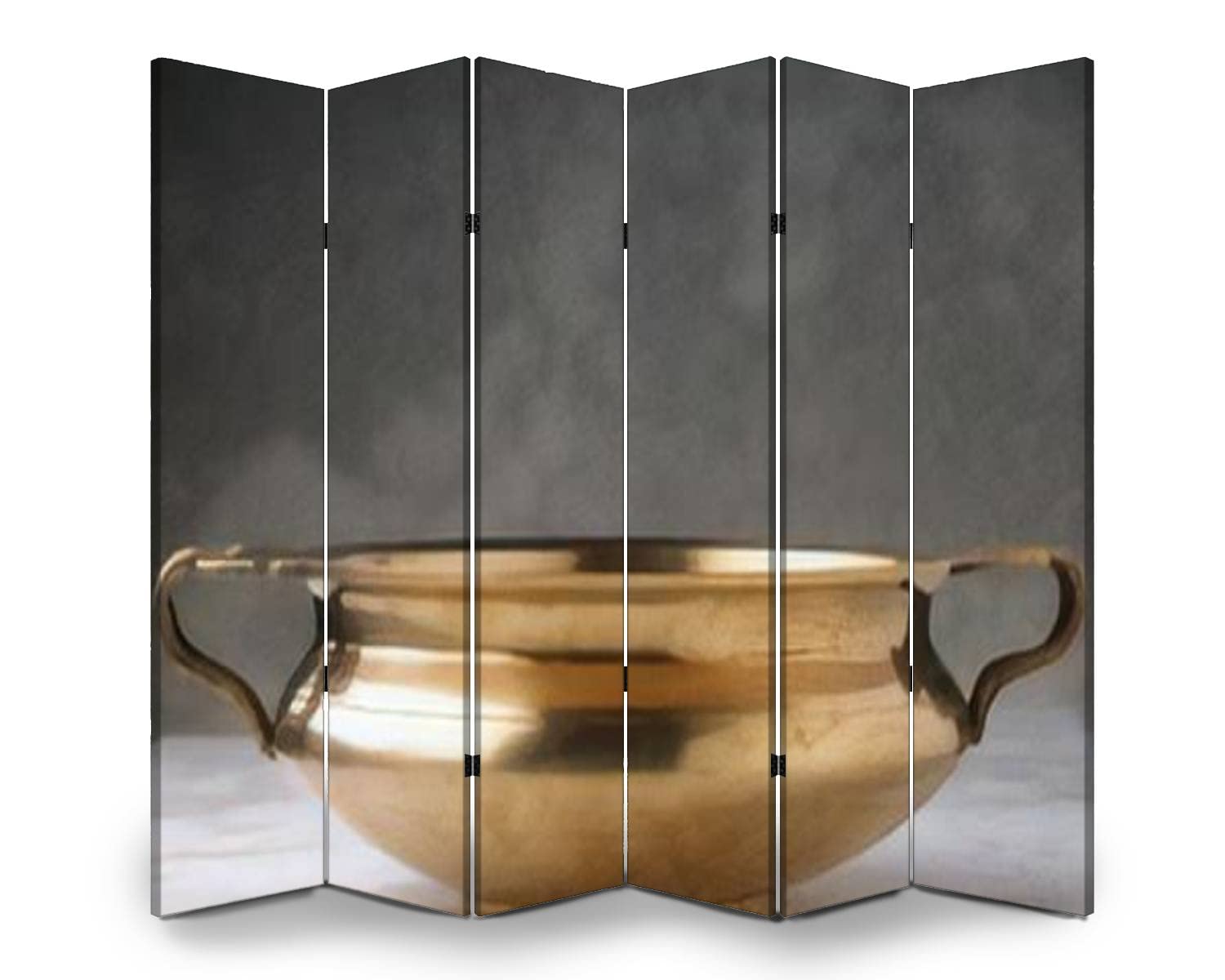 6 Panel Folding Room Divider Screen - Traditional South Indian Brass Cooking Vessel Design - Freestanding Privacy Partition for Indoor Spaces - Perfect for Home, Office, Yoga Studio and Event Decoration