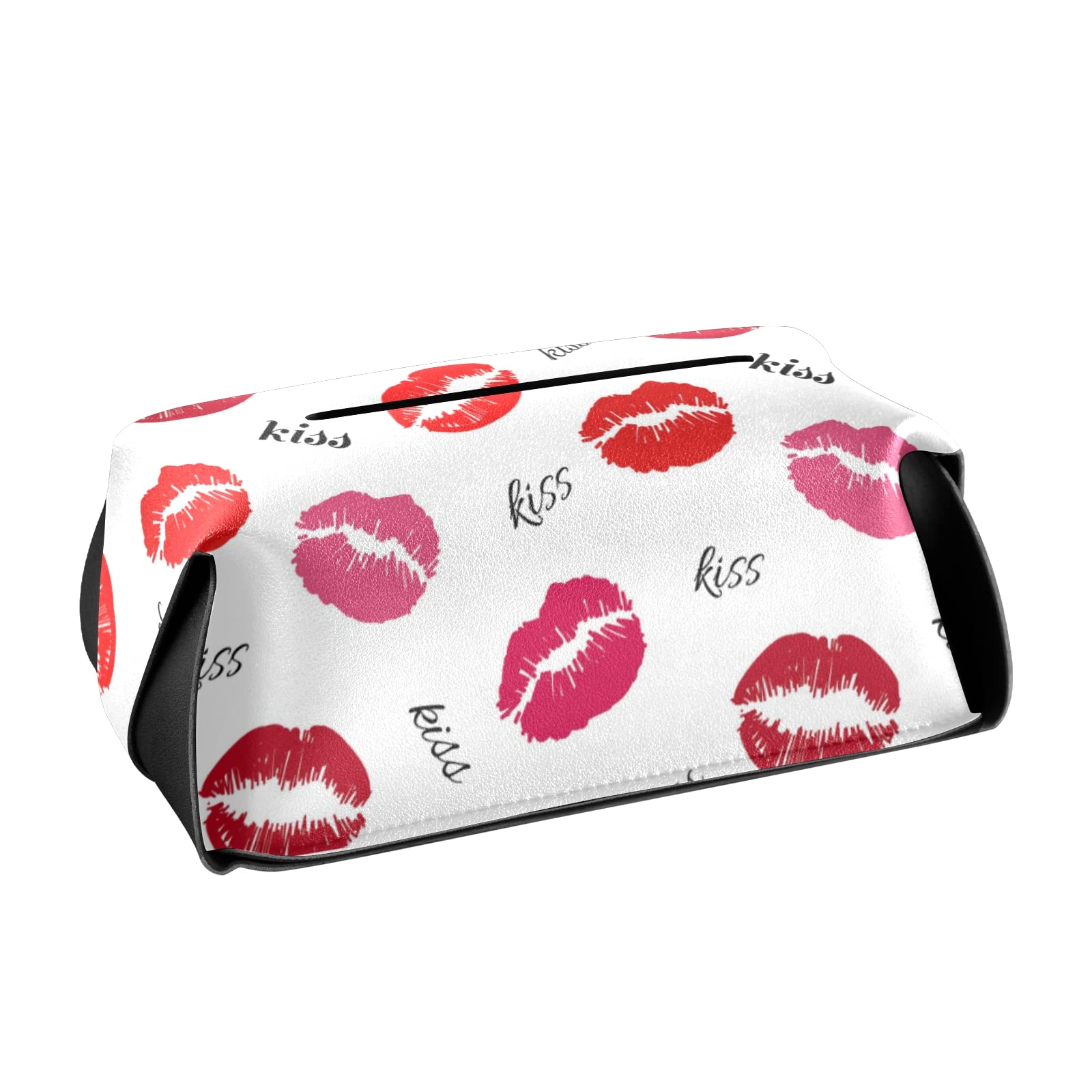 Seamless Red & Pink Lip Print Leather Tissue Box Cover with Handle - 9.4x5.1x3.6 Inch for Bathroom, Bedroom, Office & Car - Stylish Home Decor for Vanity Countertops & Nightstands