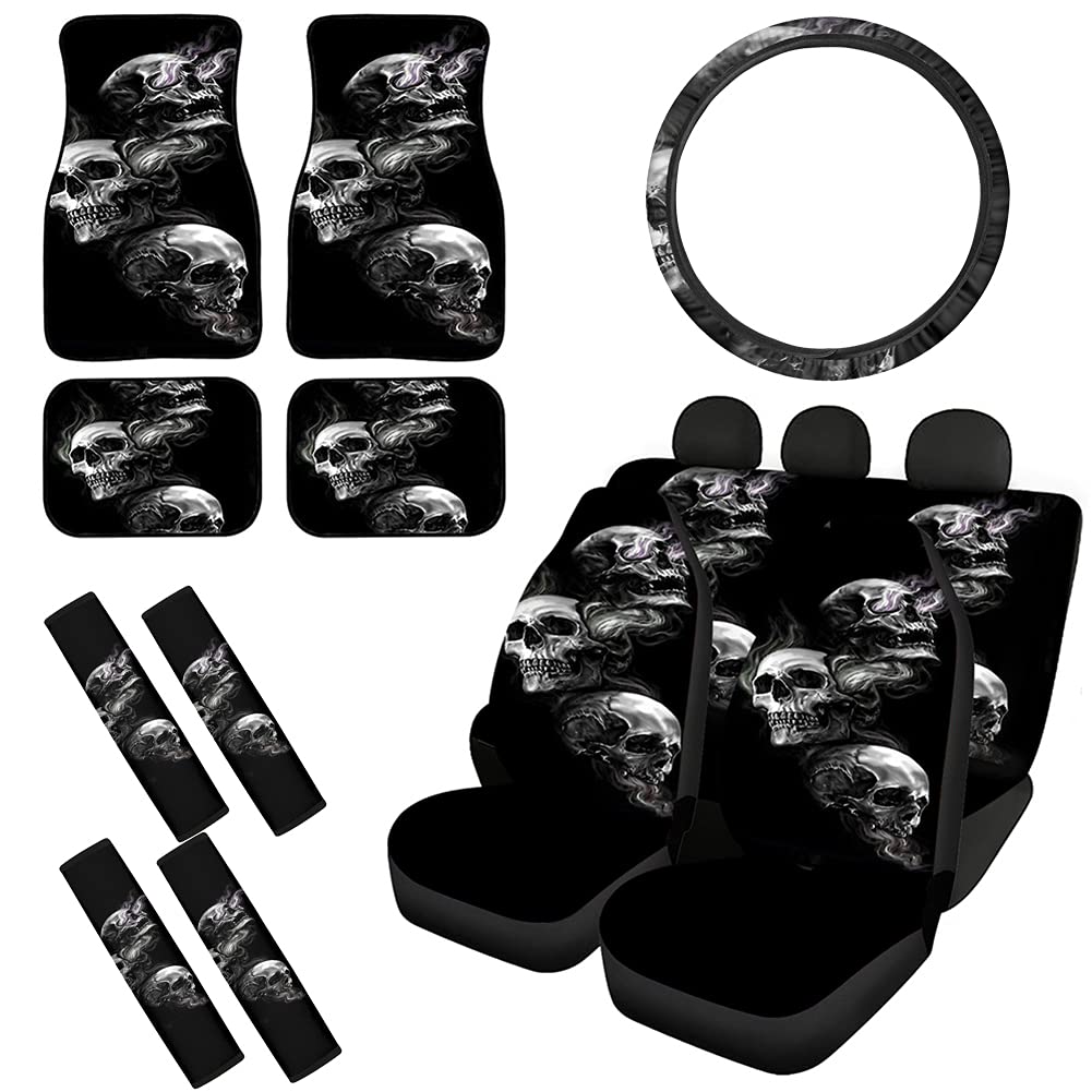 Biyejit Skull Print Car Seat Covers Set - 13-Piece Universal Fit with Steering Wheel Pad, Floor Mats & Seatbelt Pads | Soft Durable Car Accessories for Men & Women | Perfect Gift for Car Lovers | Ideal for Daily Commute, Road Trips & Custom Car Styling